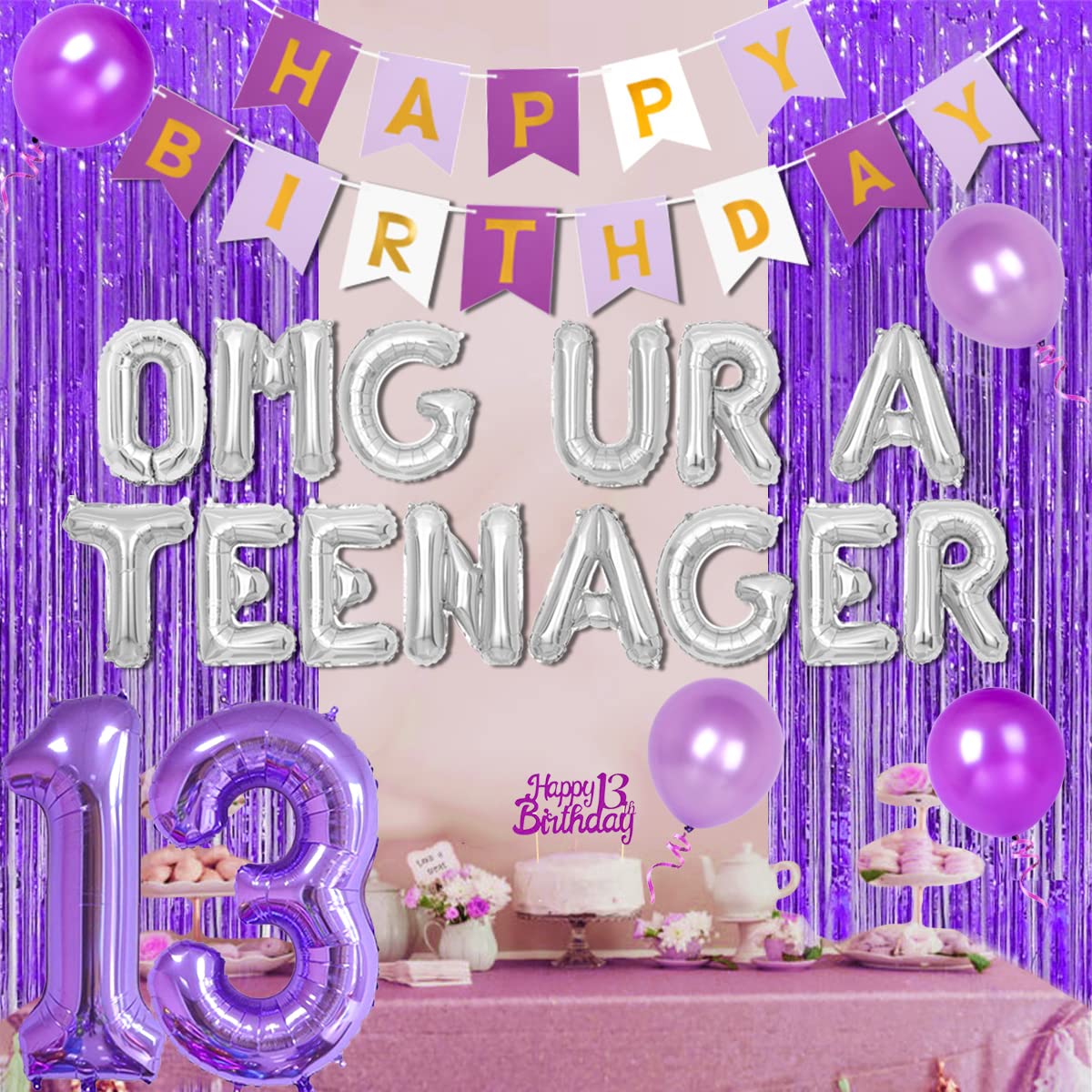 13. Geburtstag Dekoration Set Für Mädchen – Luftballons, Schärpe, Cake Topper & Fransenvorhang In Lila