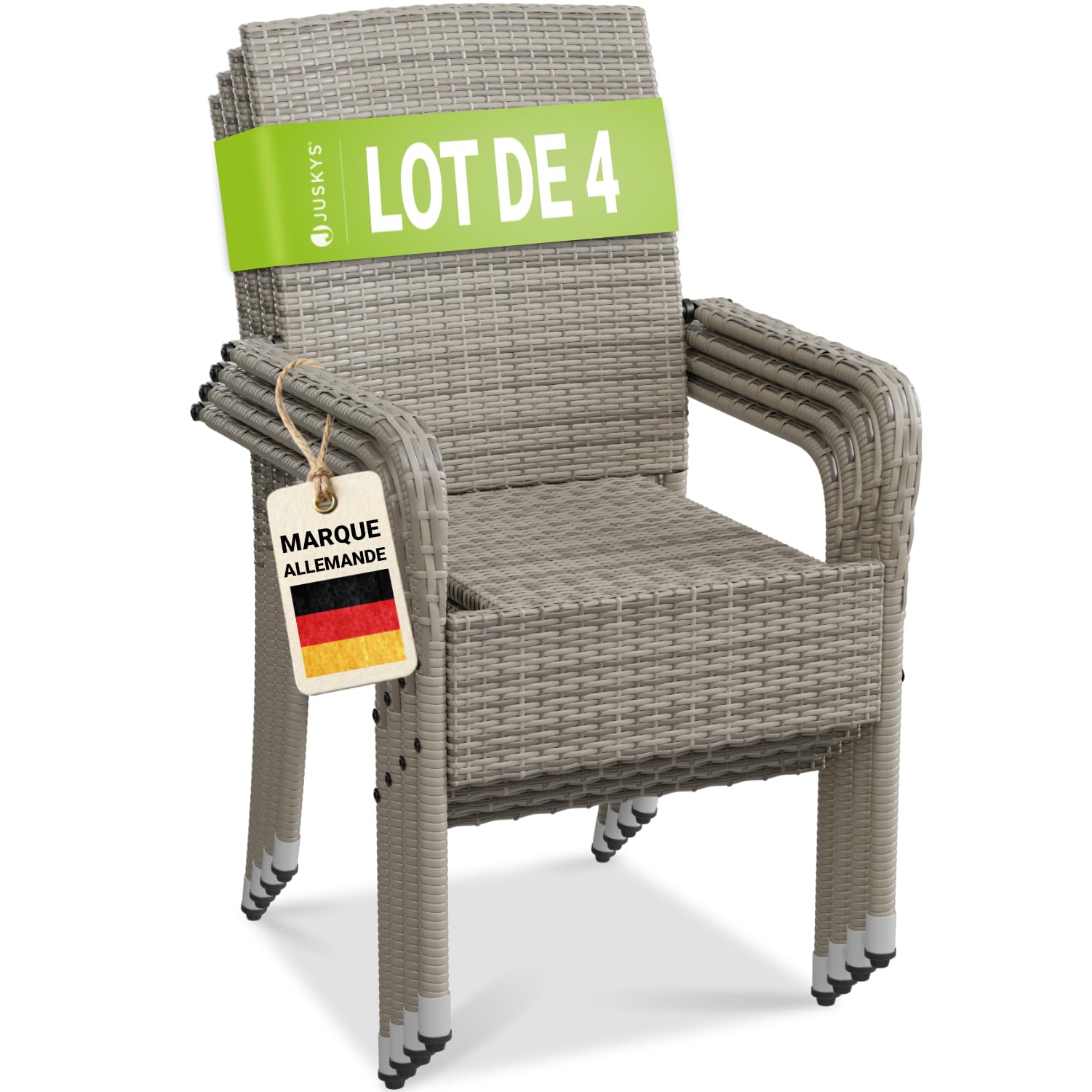 Juskys Ensemble de 4 chaises de Jardin Yoro en rotin avec accoudoirs et Dossier - 4 chaises empilables - Chaise en rotin pour Le Jardin - Chaise empilable Chaise de Balcon Gris chiné
