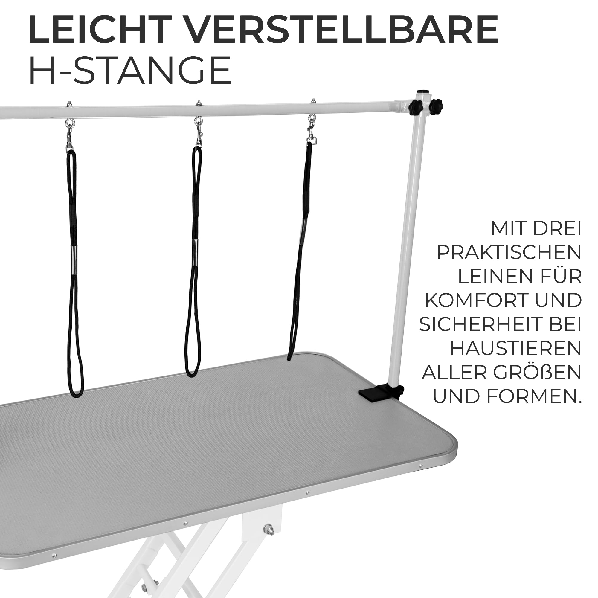Hydraulischer Hundepflegetisch Höhenverstellbar Profi Trimmtisch | für Tiere bis zu 180kg | 106 x 61cm Gummioberfläche, 4 anpassbare Stallfüße & 3 Schlaufenleinen [Weißer Rahmen & Grauer Tisch]