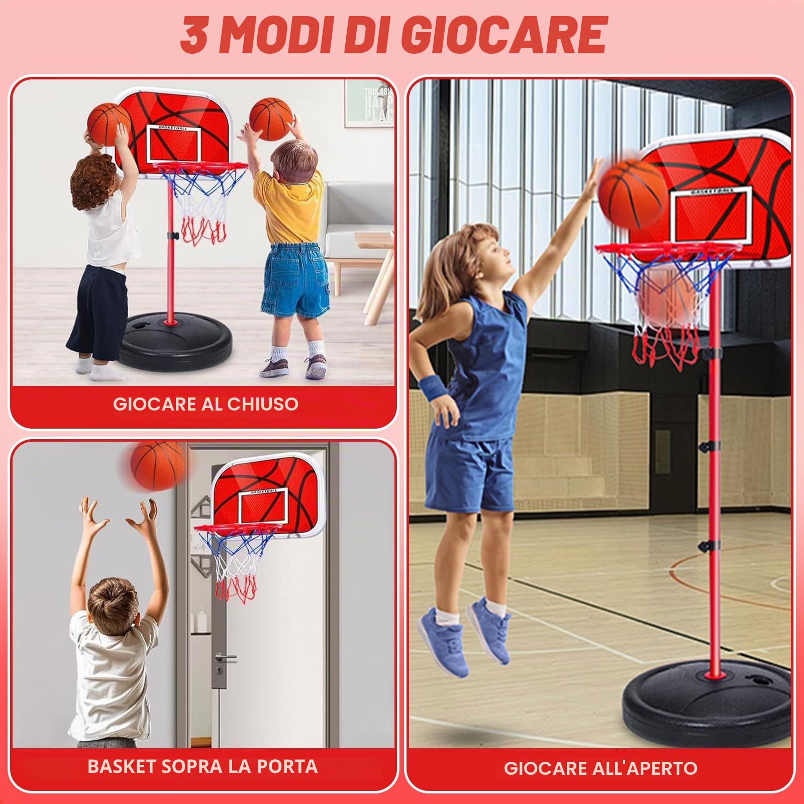Canestro Basket Bambini, Canestro Basket Esterno con 3 Palloni, 1 Pompa, Regolabile Altezza 50-150cm, per 3 agli 8 Anni Bambini, Indoor e Outdoor