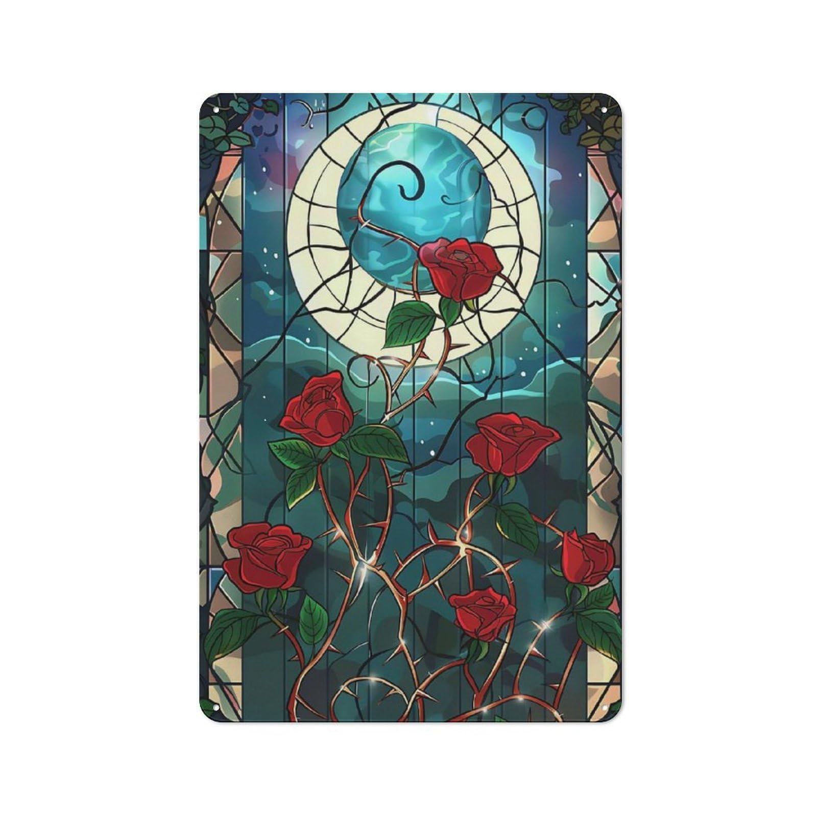 Junmoney Style-2 Tin Sign 30X20cm With Stained Glass Roses With Moon For Workshop Wall, Retro Decor, For Metal Sign Collectors, For Cafés, Pubs And Restaurants
