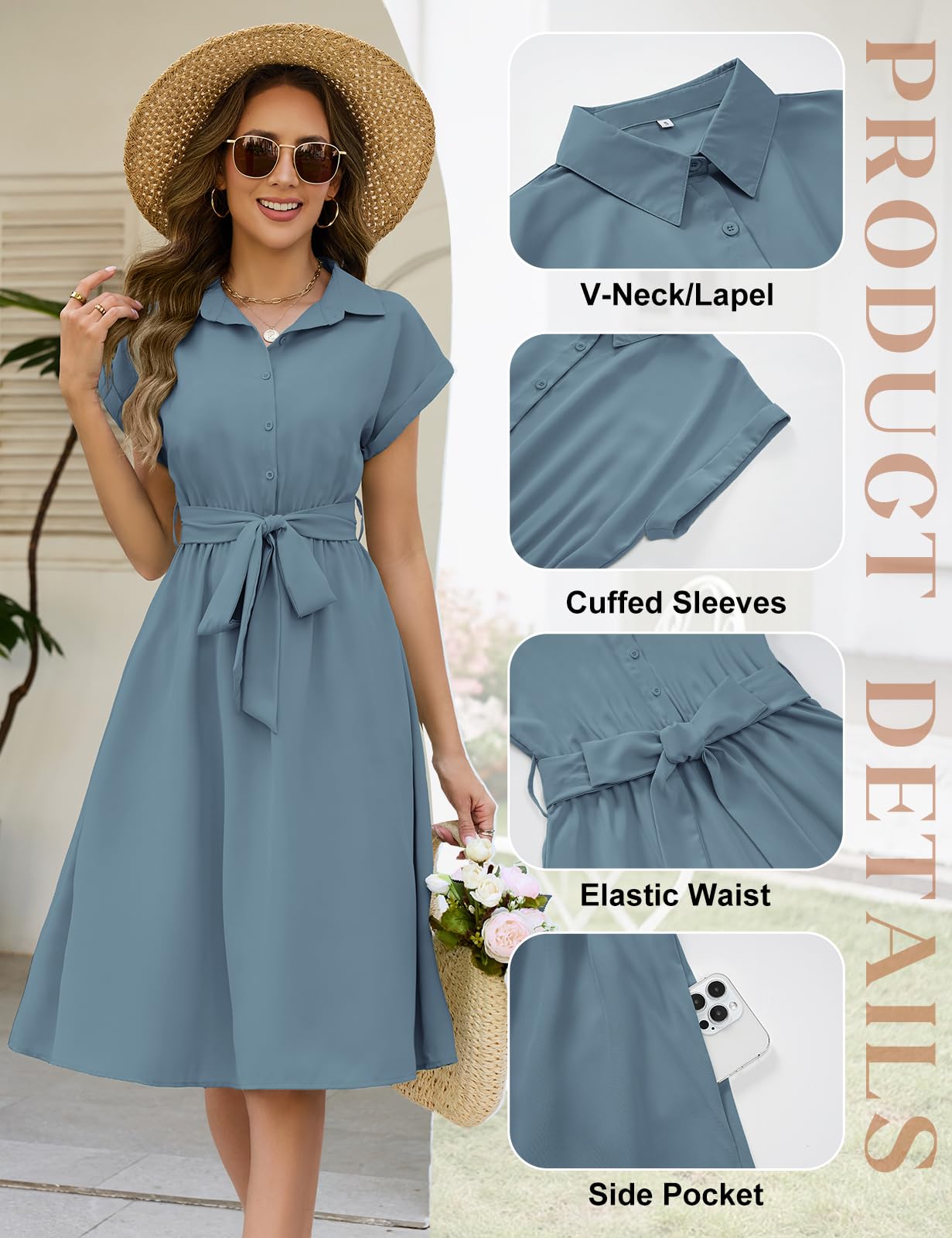 HEEKPEK Sommerkleid Damen Kleid Midikleid Sommer Elegant V-Ausschnitt Blusenkleid Casual Locker Schnürung Wickelkleid Kurzarm Freizeitkleider Knielang mit Taschen
