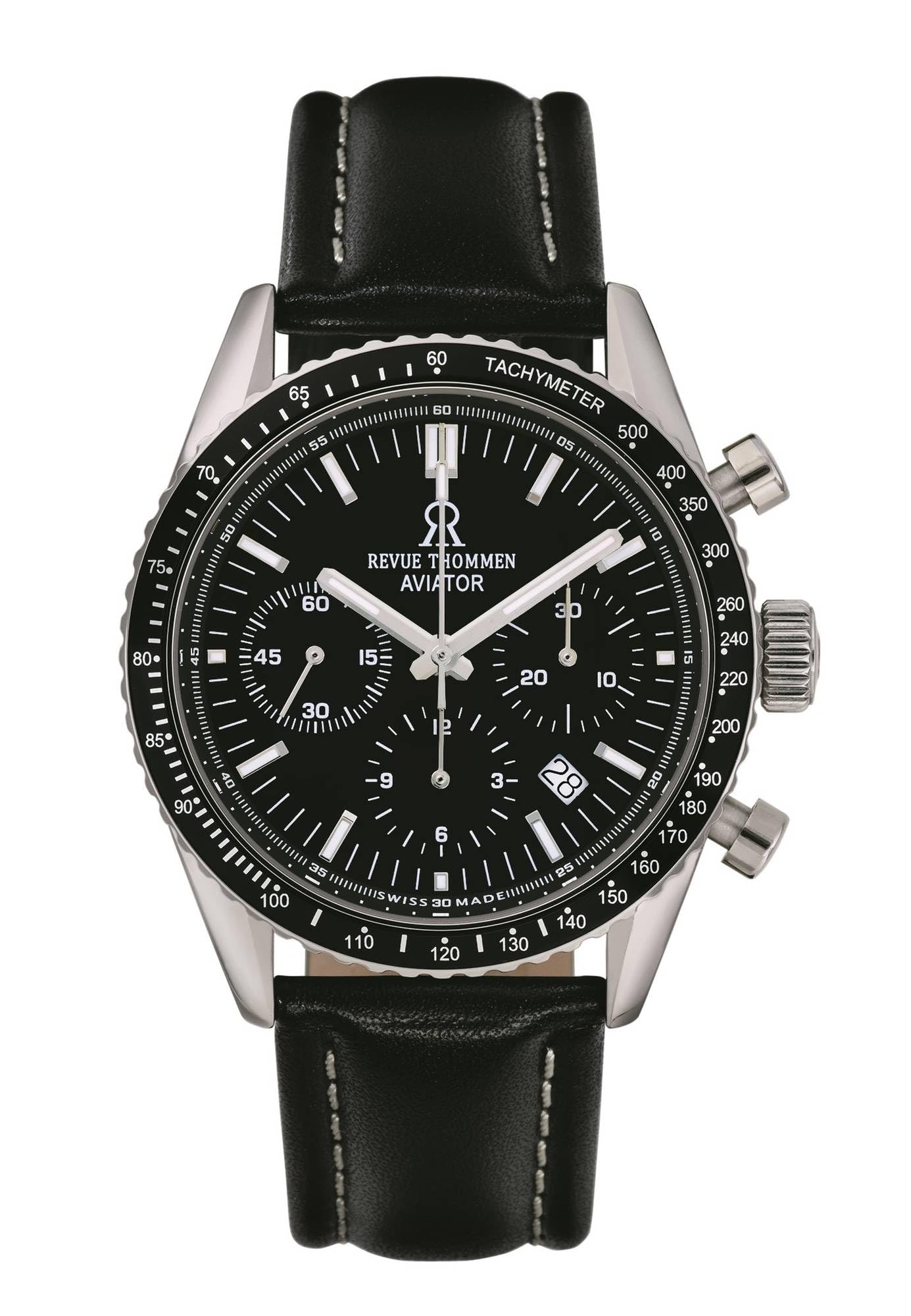 Revue Thommen Orologio da polso da uomo Automatic Aviator 42 mm cronografo cinturino in pelle 17000.6537, cinghia