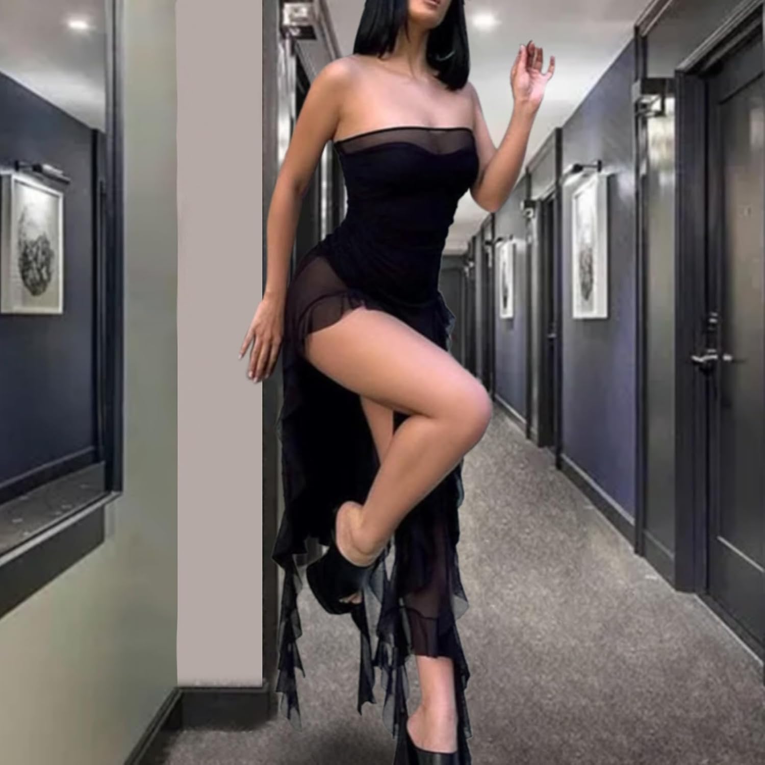 Sexy Strapless Mesh Sheer Dress for Women Irregular Ruffle Rim Split Thigh Bodysuit Dresses - Image 3