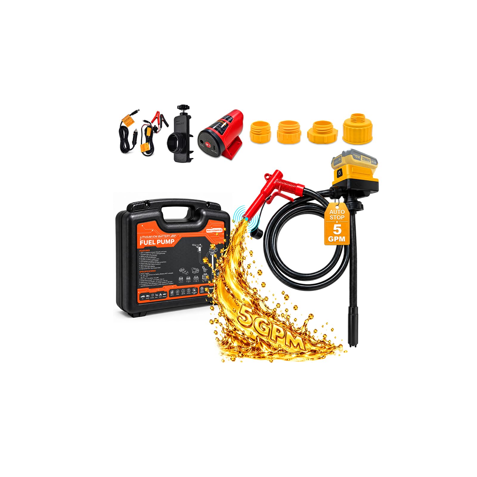 5 GPM Cordless Fuel Transfer Pump with Organizer Box Compatible with Milwaukee 12V/18V &amp; Dewalt 20V 57 Inch Auto Stop Gas Can Pump with 4 Yellow Adapters &amp; Multi-Adapter for Gasoline Diesel Kerosene