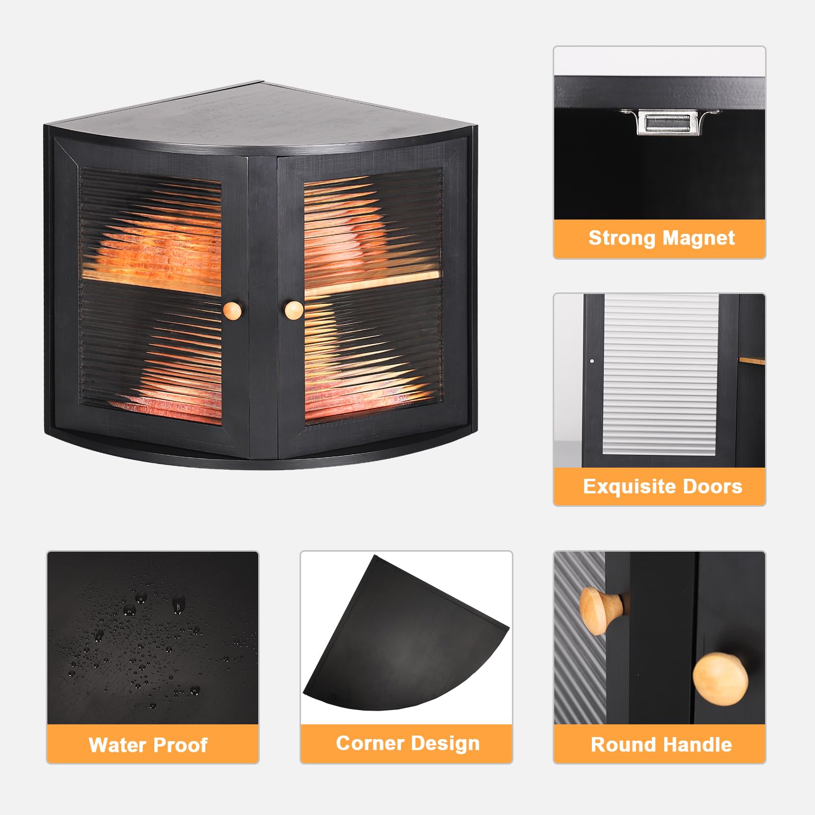 HOMEKOKO Panera esquinera de bambú de doble capa para encimera de cocina, contenedor de almacenamiento de alimentos de madera vintage de gran capacidad (negro)