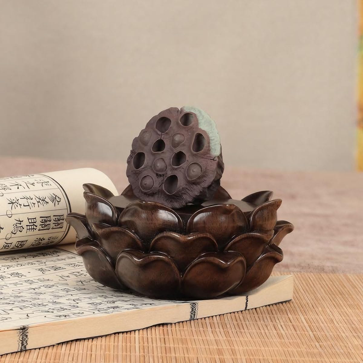GOLDY&WENDY Oriental Lotus Base Solid Wood Ebony Pedestal Stand, Handmade Pooja Stand & Chinese Plant Stand for Buddha
