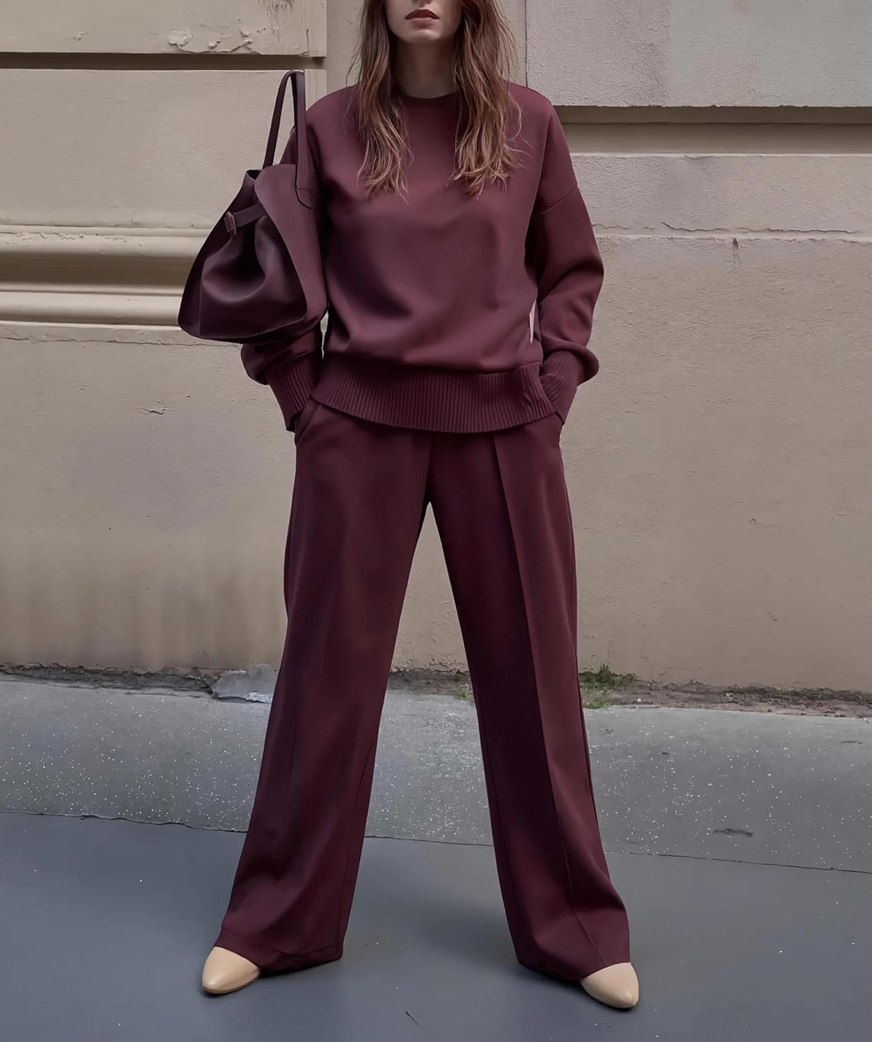 Women Casual Sportswear Set Wool Wide Leg Pants Two-Piece