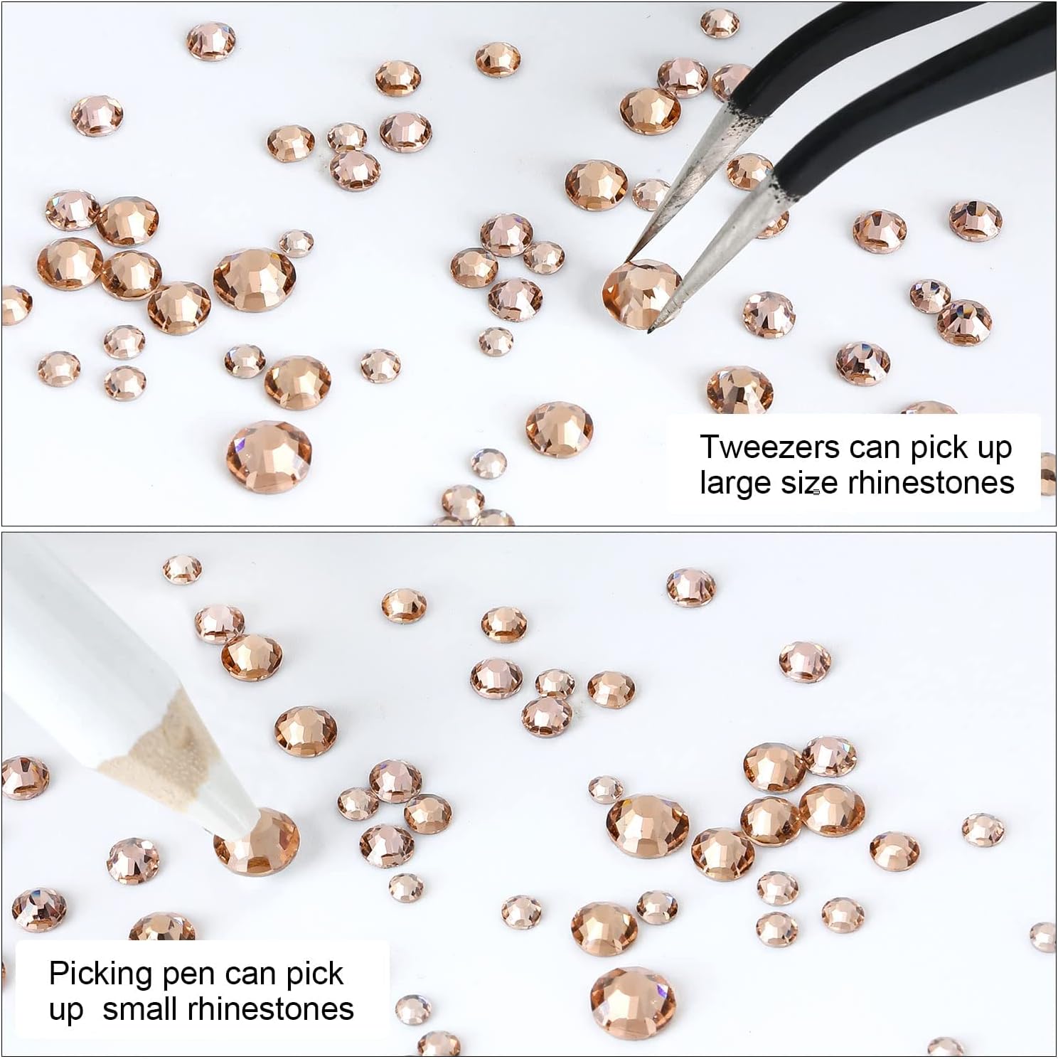 4240Pcs Flatback Purple and Champagne Rhinestones 6 Sizes Crystal Diamonds for Nail Art Crafts Clothes Shoes with Tweezers and Picking Pen