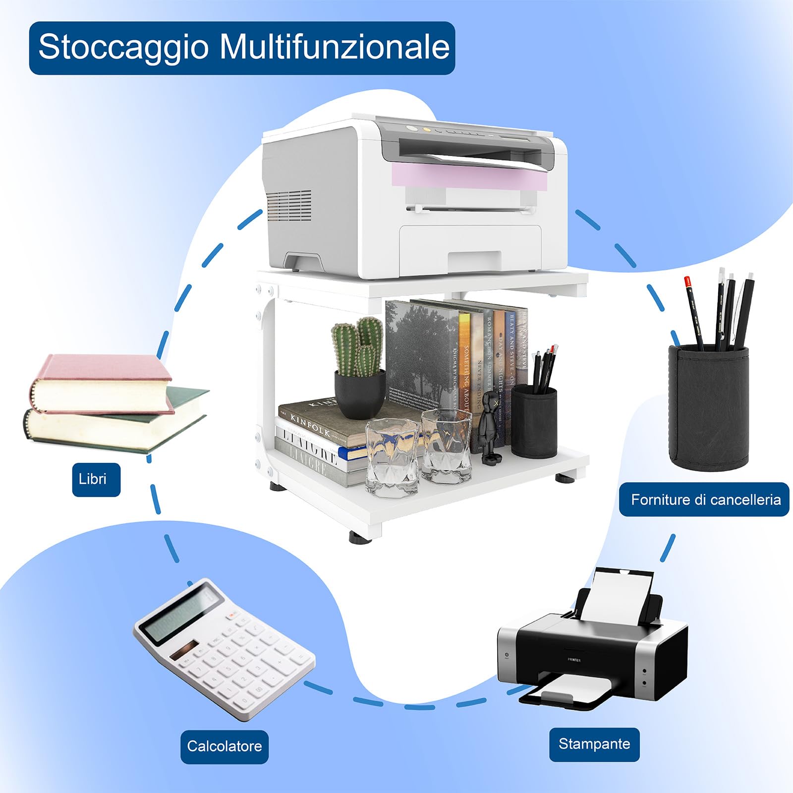 PUNCIA 2 Livelli Supporto per Stampante da Tavoloa Porta Stampante Tavolo da Lavoro Stabile e Forte in Legno e Metallo per Stampanti Scaffale di Stoccaggio per Ufficio e Casa (Bianco)