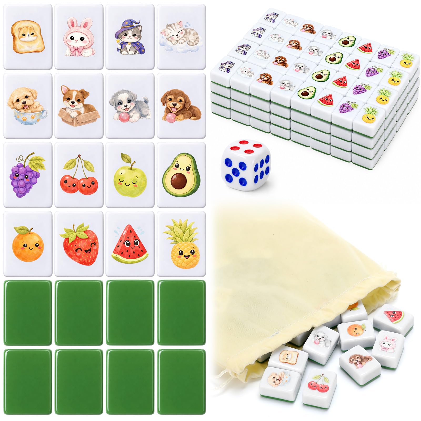Leitee Set di 64 blocchi Mahjong per 2 giocatori, 3 cm, motivo cibo animale