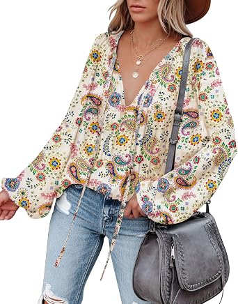 LAMISSCHE Womens Sexy Deep V Neck Blouse Bell Long Sleeve Satin Flowy Tops