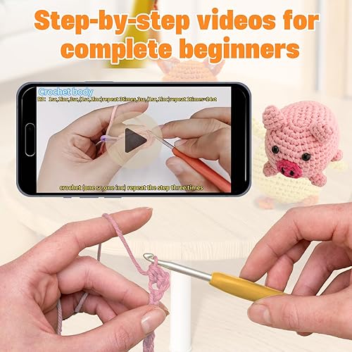 Miniatura 6 de 6 kits de ganchillo para principiantes con hilo personalizado de alta calidad mejorado y tutoriales en video paso a paso, kit de tejido ideal para