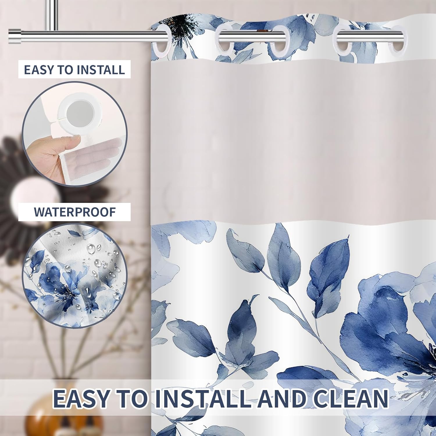 No Hook Shower Curtain with Snap in Liner,Floral Shower Curtain Fabric Waterproof Inner Liner Modern Abstract Navy Blue Flower Bathroom Shower Curtain Set Machine Washable 71 x 74in