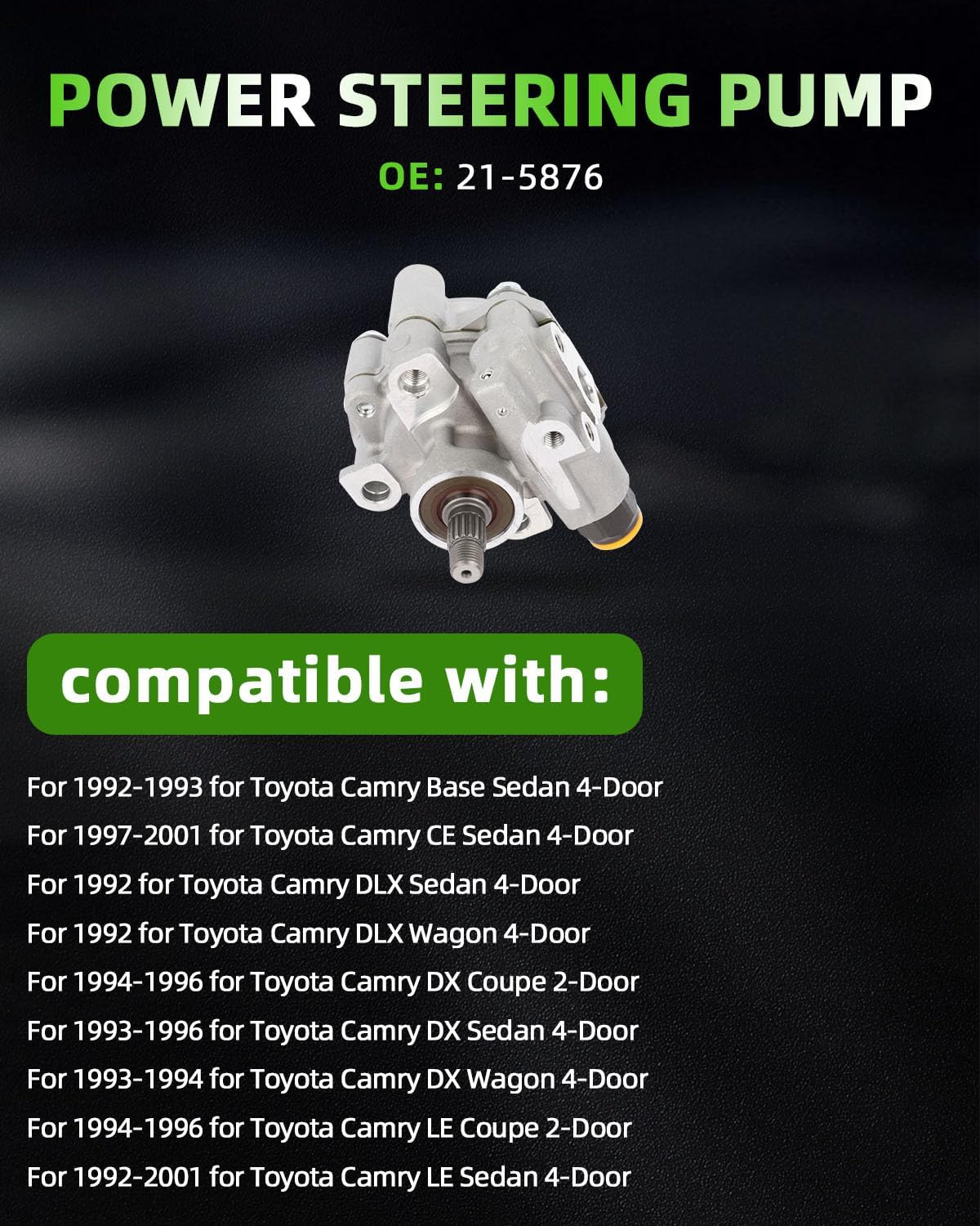 SCITOO Power Steering Pump Compatible for 1992 1993 1994 1995 1996 1997 1998 1999 2000 2001 for Toyota Camry, 1999 2000 2001 for Toyota Solara, 21-5876 Power Steering Pump Kit