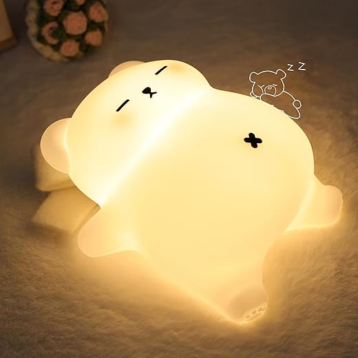 Bear gifts, cute bear night light, animal silicone nursery lamp with snoring sound effect, dimming & timing, cute desk decor lights