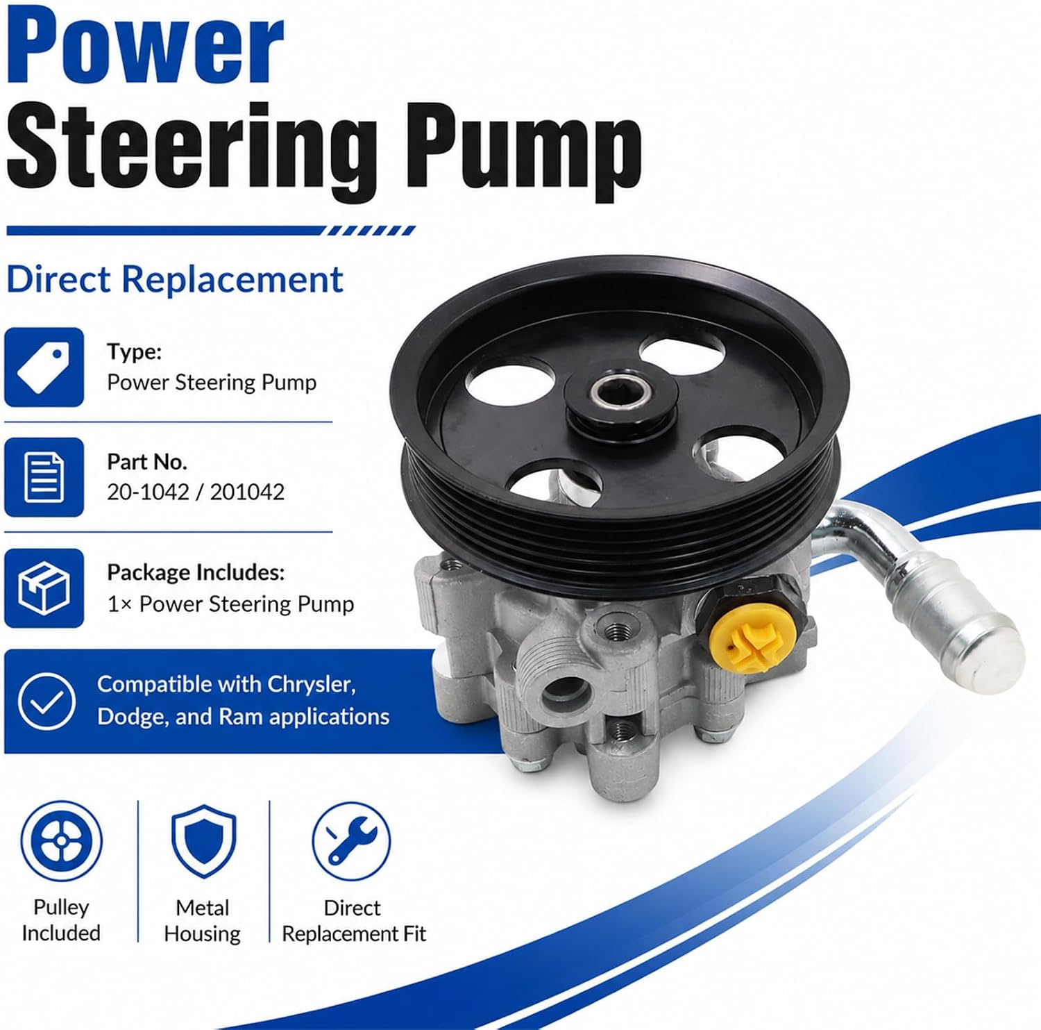 NLQR Power Steering Pump Fit for Chrysler Town & Country 2011-2016, Fit for Chrysler Voyager 2020-2021, Fit for Dodge Grand Caravan 2011-2020, Fit for Ram C/V 2012-2015 Replace 5151727AC 5151727AD