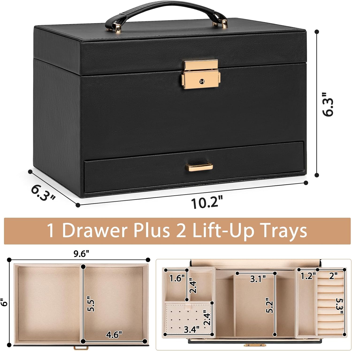 AKOZLIN Travel Jewelry Box Organizer Functional 2-trays Leather Jewelry Storage Case with Lockable Portable Drawer for Women Girls Ring Necklace Earring Bracelet