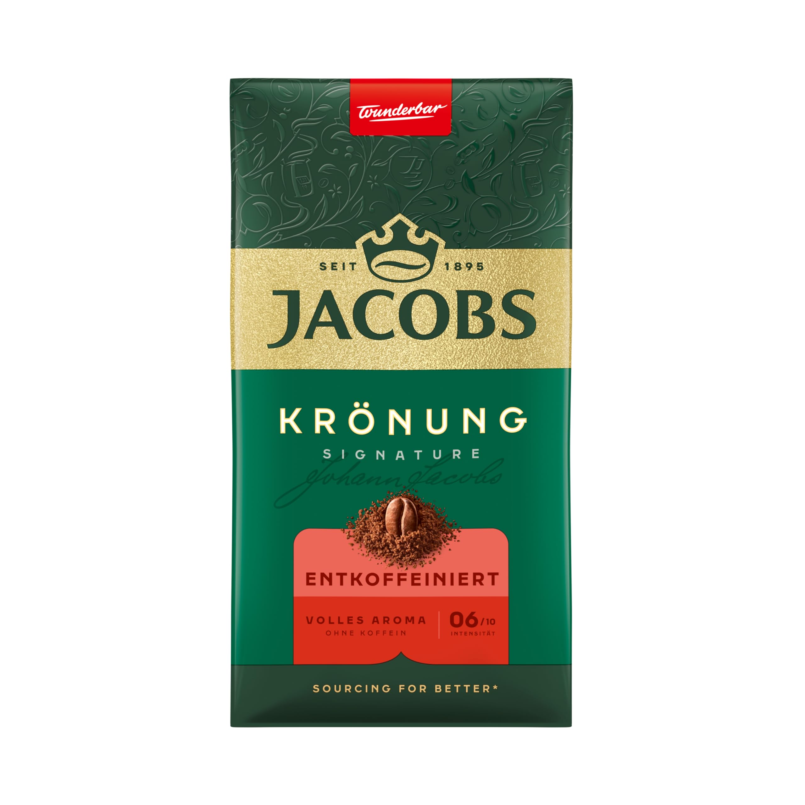 Jacobs Filterkaffee Krönung Entkoffeiniert, mittlere Röstung, Kaffee gemahlen & entkoffeiniert, geröstet in Deutschland, ideal für Filterkaffeemaschine & French Press, Intensität 6/10, 500 g