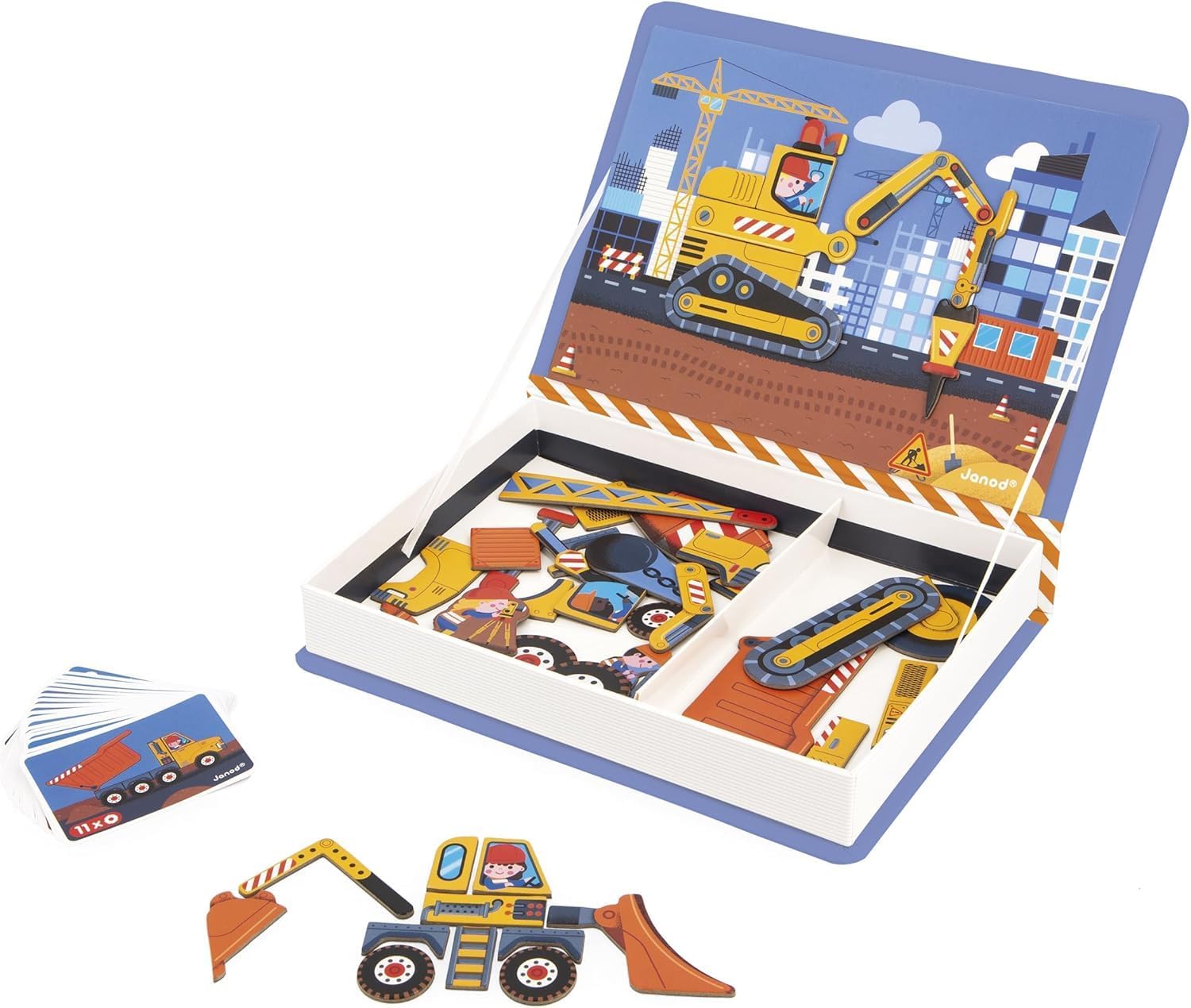 Janod - Magnéti'Book Construction Site Vehicles - Magnetic Educational Game 50 Magnets + 18 Models - Cardboard Children's Toy - Develops Dexterity and Imagination - from 3 Years Old - J02526