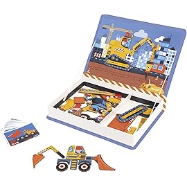 Janod - Magnti\'Book Construction Site Vehicles - Magnetic Educational Game 50 Magnets + 18 Models - Cardboard Children\'s Toy - Develops Dexterity and Imagination - from 3 Years Old - J02526