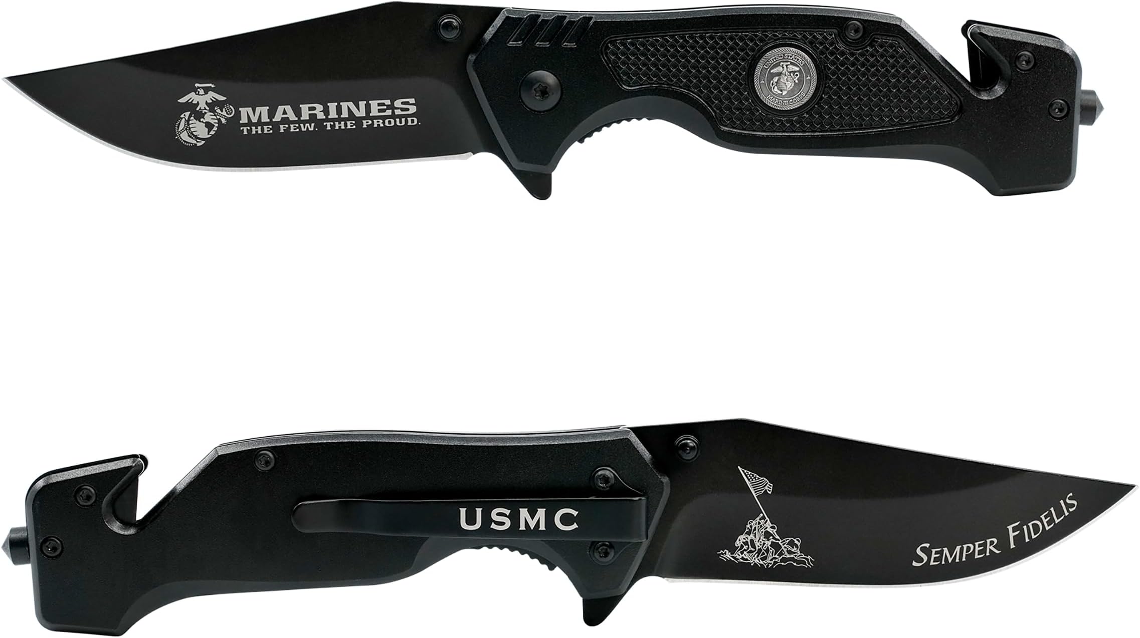 USMC Tactical Black Folding Knife 3.5 Inch Blade-Hunting, Rescue Gift for Marines Disabled Vet Owned Business | USMC Knife Black
