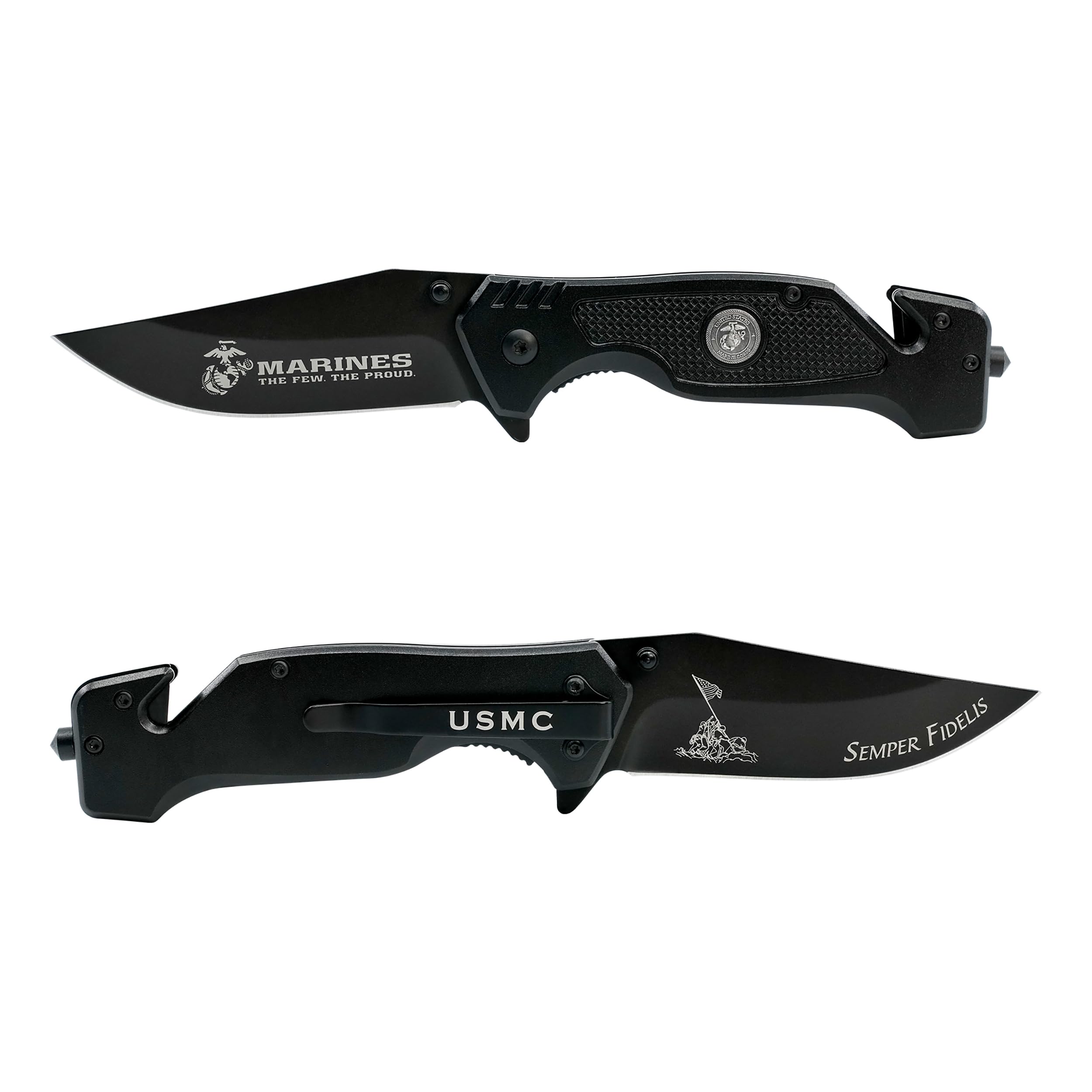 USMC Tactical Black Folding Knife 3.5 Inch Blade-Hunting, Rescue Gift for Marines Disabled Vet Owned Business | USMC Knife Black