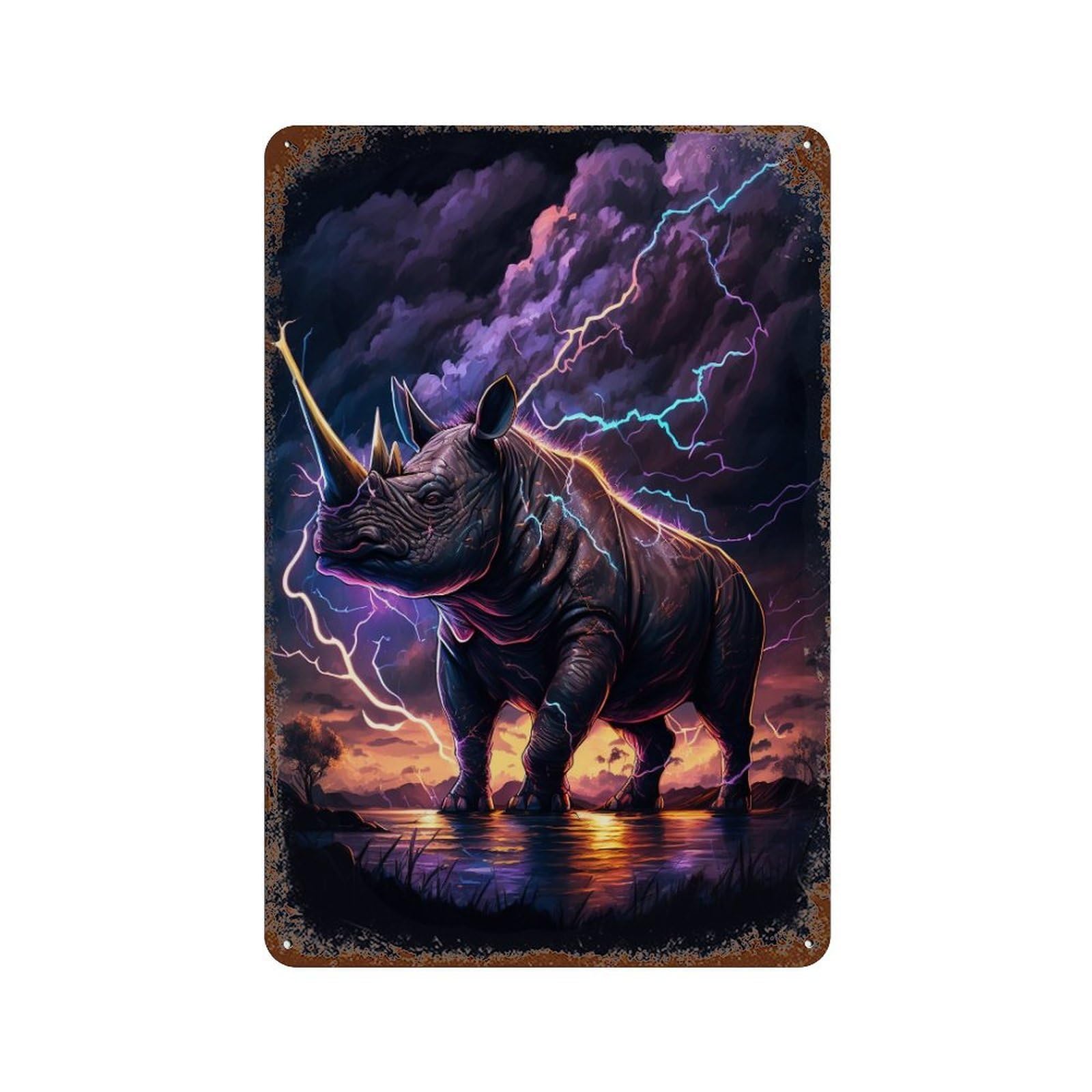 Thundering Rhino Epic Wildlife Artwork Vintage Metal Tin Sign 11.8"x7.9", Ideal for Basement, Hobby Room And Garage Decor