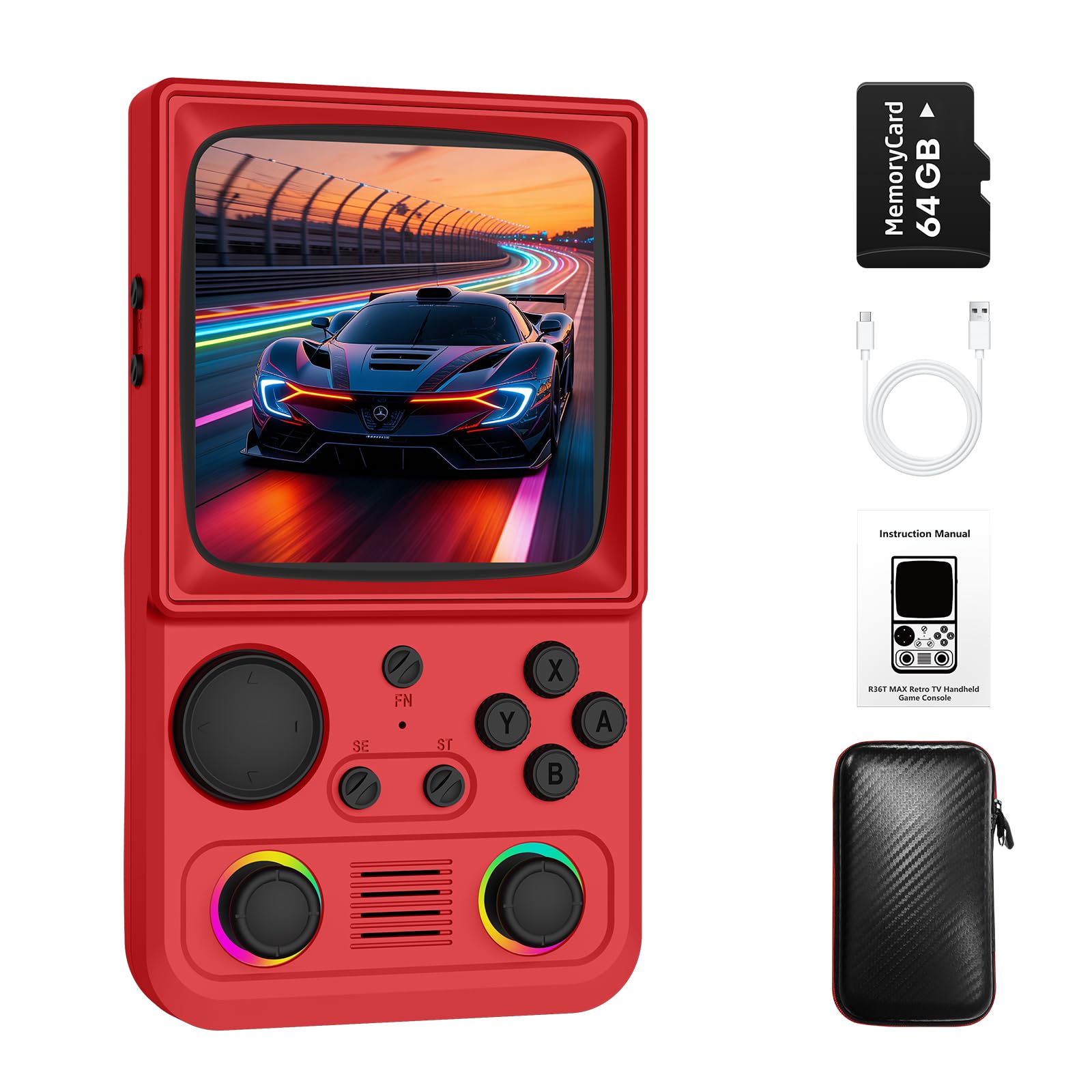 R36TMAX Retro Handheld Game Console, Retro Gaming Console with 4.0 Inch 720x720 IPS Screen, Portable Handheld Linux System, 4000mAh Battery (Classic Red-64GB)