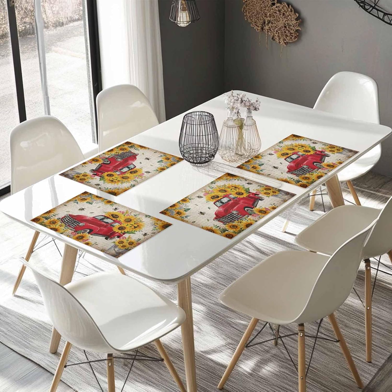 Sunflower Placemats - Red Truck Farmhouse Decor Floral Set of 6 - Heat-Resistant, Washable, Party Kitchen Mats