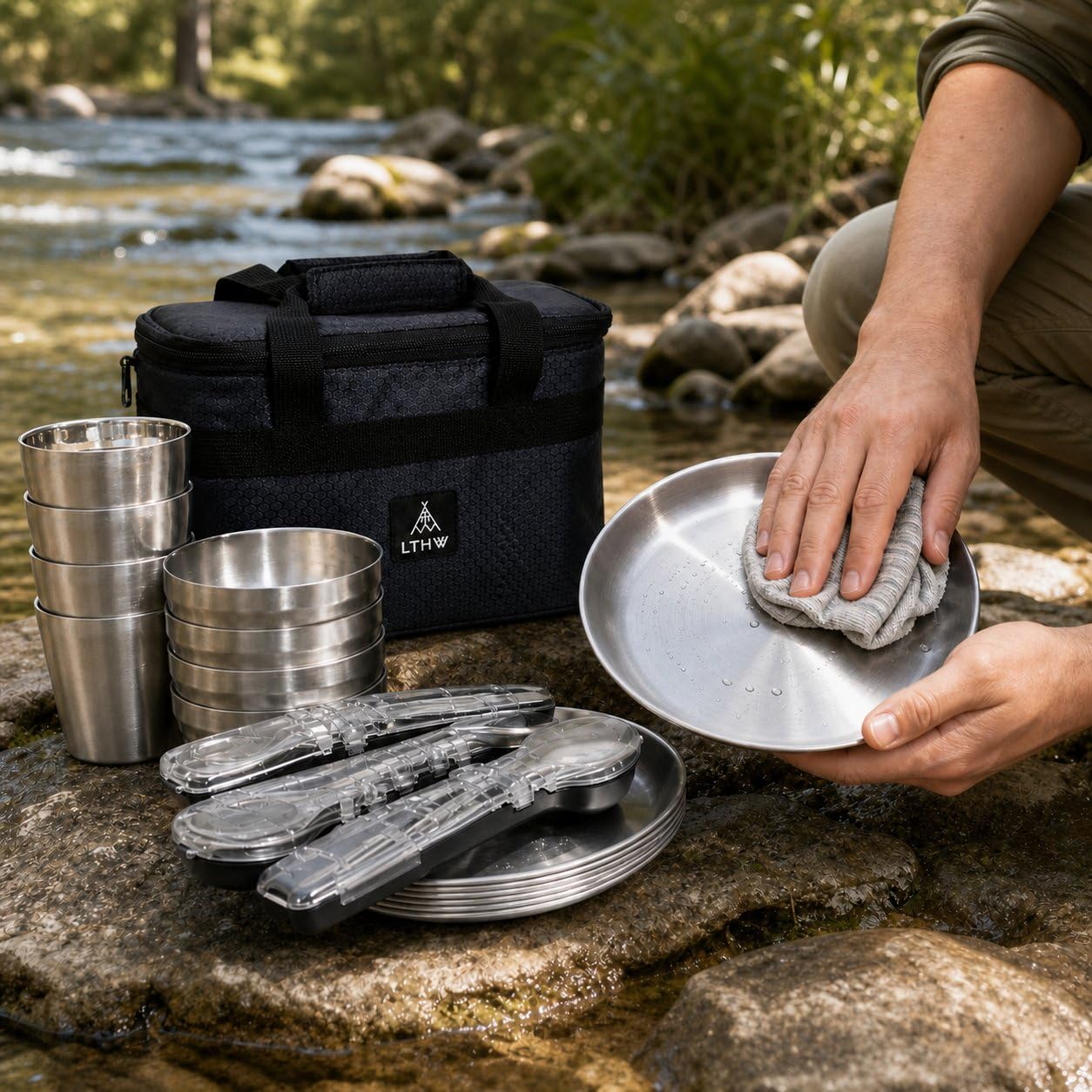 Vajilla Camping Acero Inoxidable 304, Kit Cocina Portátil para 3-4, Set Cubiertos Reutilizables para Picnic, Bolsa Nevera Oxford