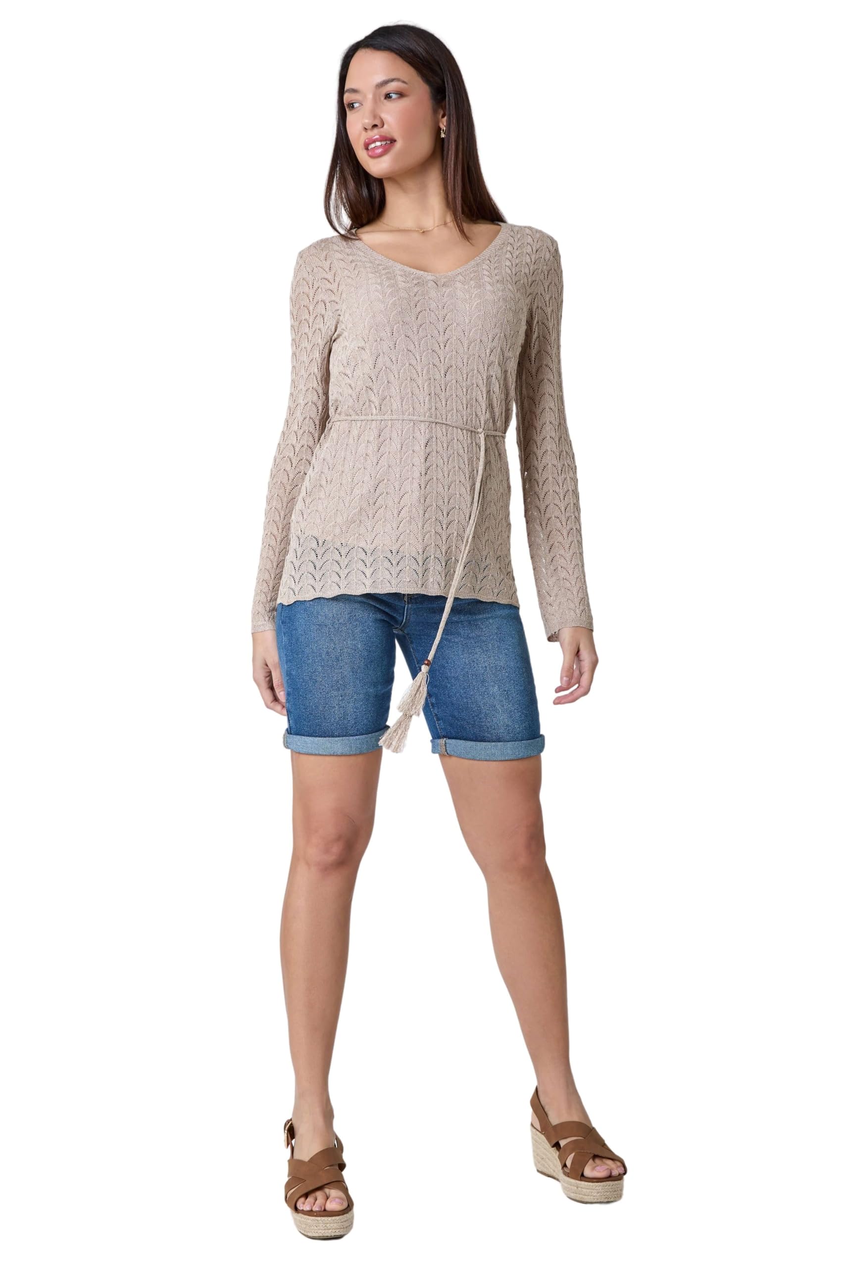 Roman Originals Women's Natural Pointelle Tassel Detail Knit Top For Uk - Everyday Holiday Spring Summer V-Neckline Comfy Soft Evening Vacation Work Party - Size 16