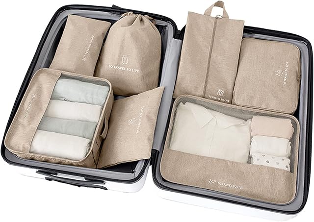 7PCS Set Packing Cubes For Suitcase,Travel Luggage Organiser Packing Cubes Travel Essentials Bag Clothes Shoes Multifunction Suitcase Organiser Bags Waterproof Compression Suitcase BagKhaki