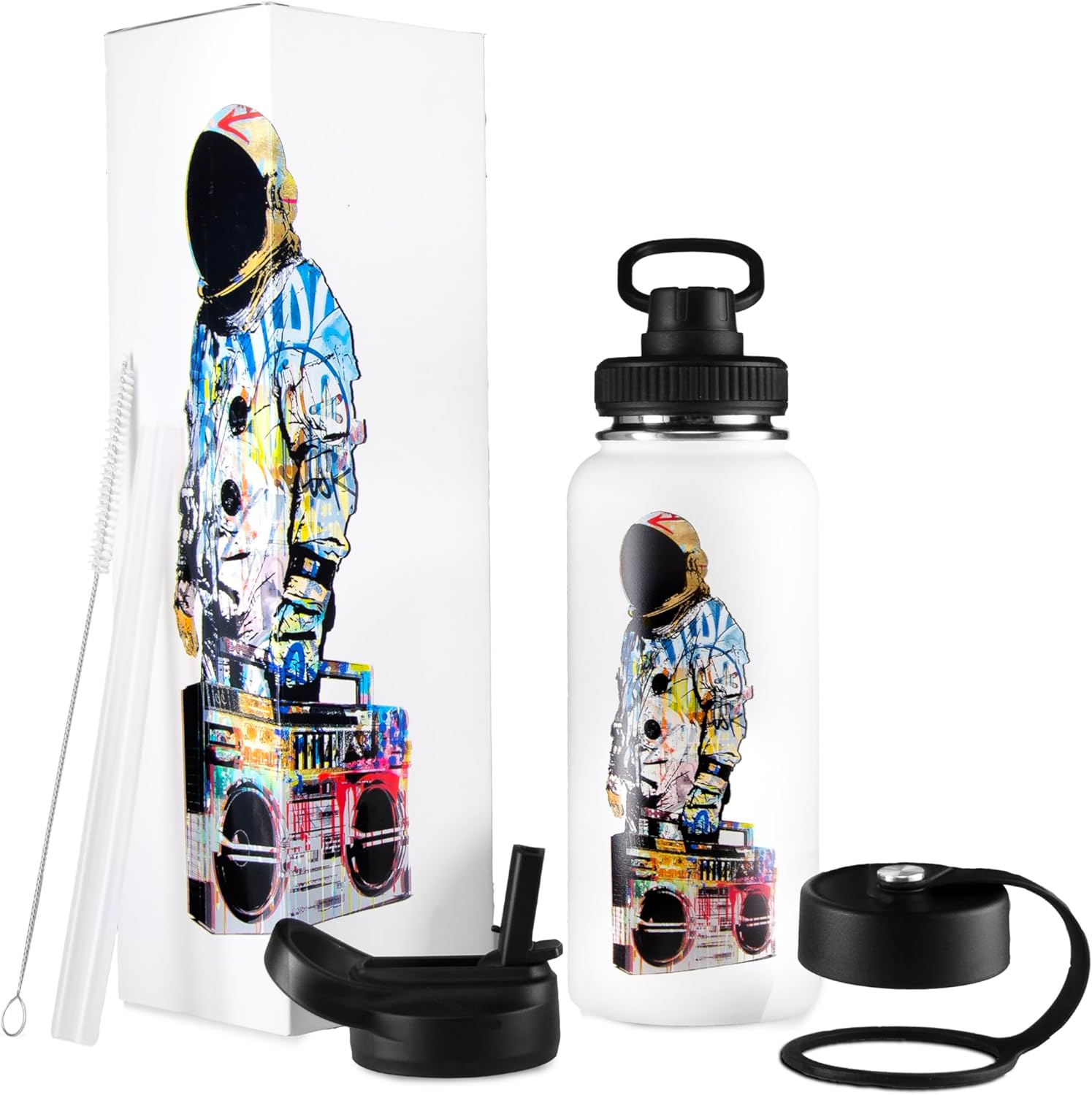 URBANCAN 32 oz Insulated Water Bottle with Straw, Chug & Cap Lids - Drink In Style with Stainless Steel Water Bottles for Sports, Gym & Travel - Premium Double Walled Thermos Flask - Vibe City (White)