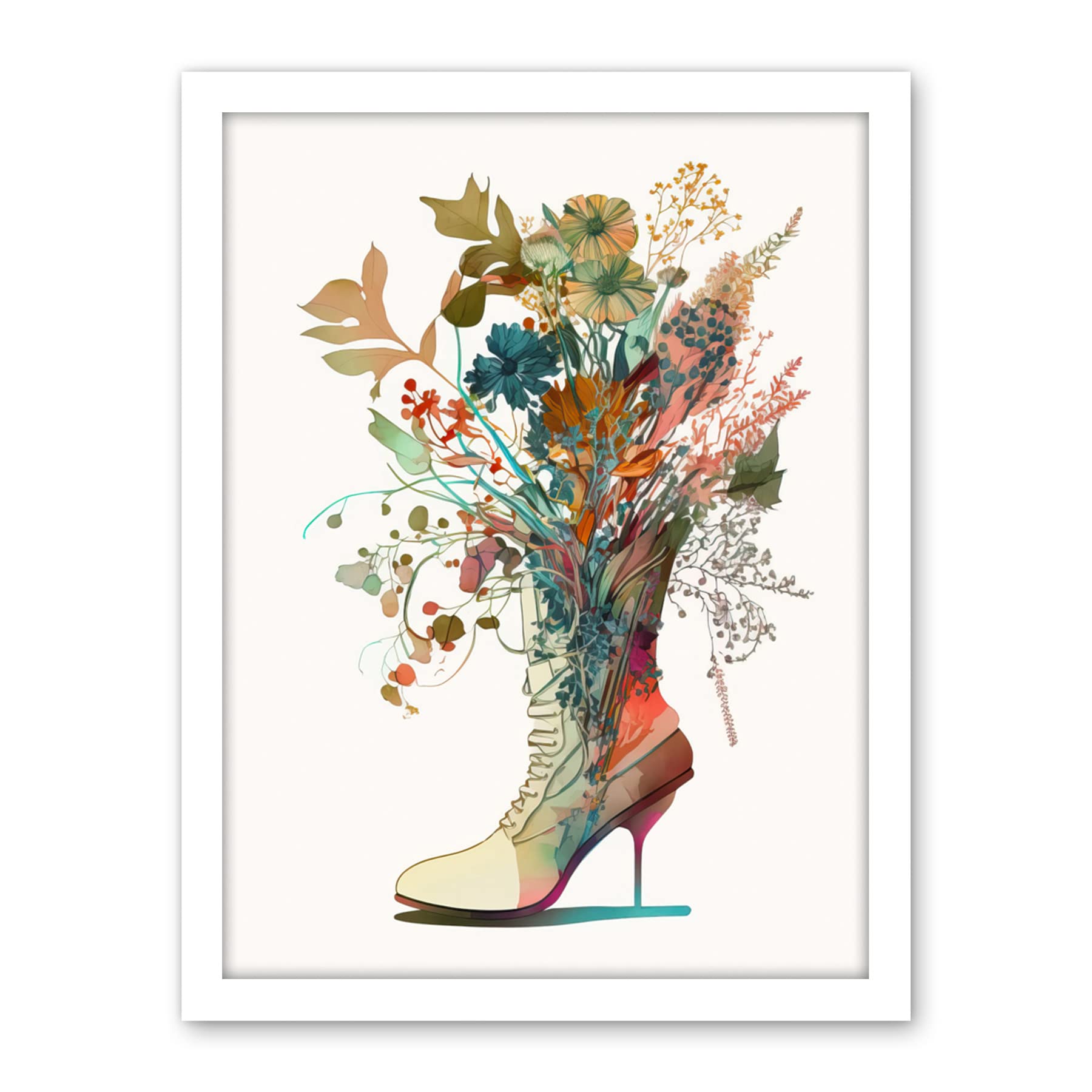 Artery8 Wildflower Bouquet in a Stiletto Heel Combat Boot Artwork Framed Wall Art Print 18X24 Inch