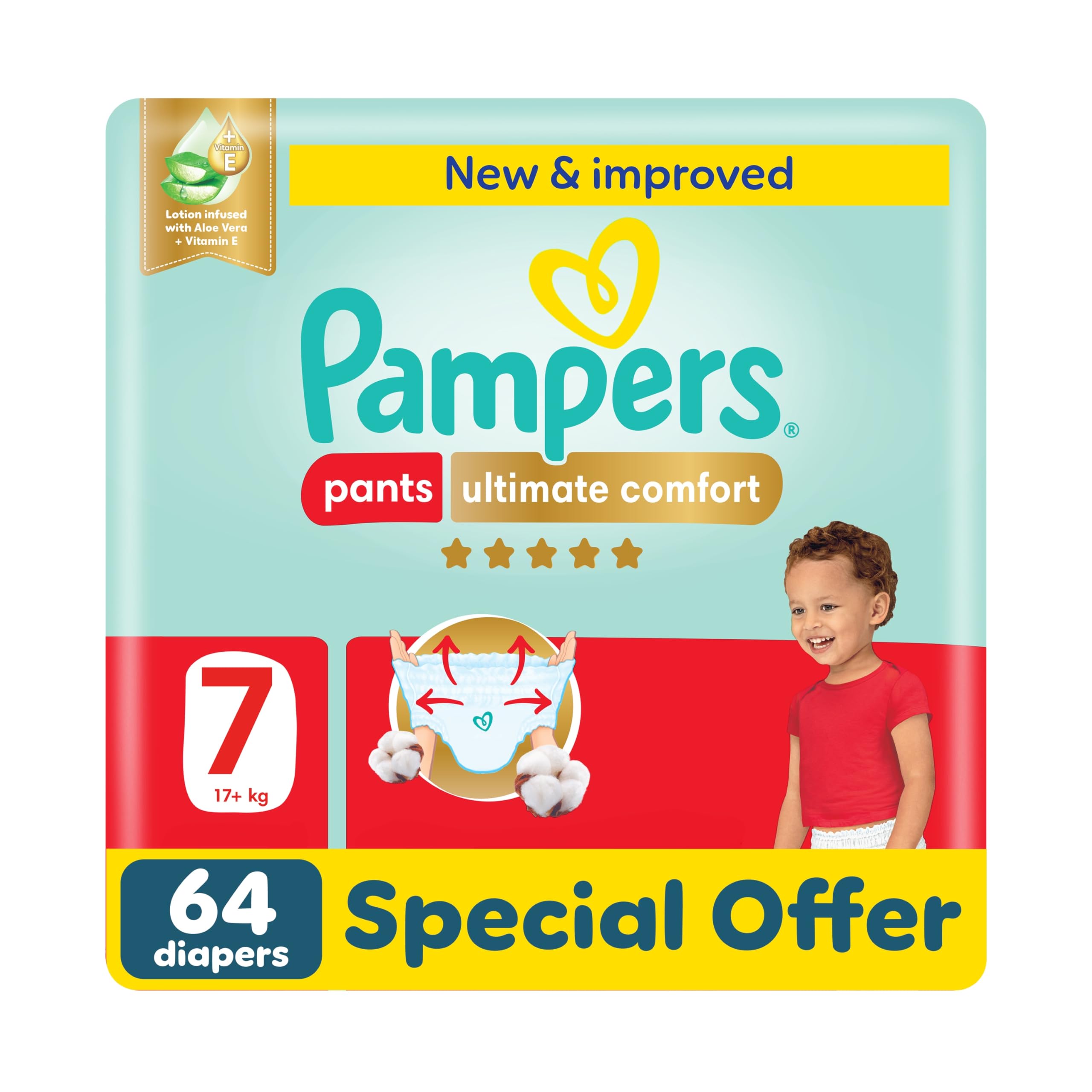 PampersUltimate Comfort Pants Diapers, Size 7, 20+kg, Lotion infused with Aloe Vera and Vitamin E, Cottony Soft Fit for up to 100% Leakage Protection, Super Saving Pack, 64 Count