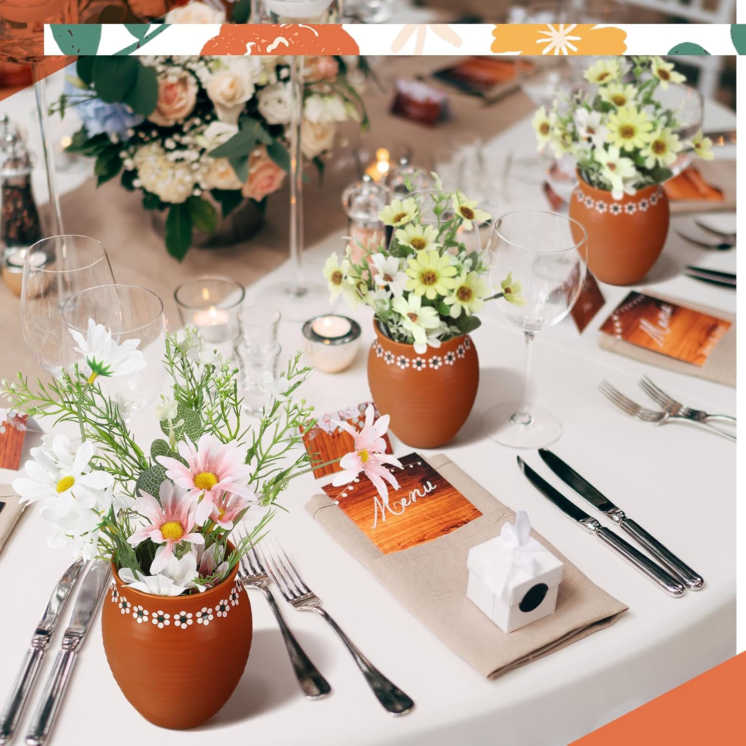 6 Pcs 16oz Cantaritos De Barro Mexicanos Terracotta Vases Sets Mexican Ceramic Vases with Flower Print Clay Margarita Glasses for Mexican Wedding Table Decorations Fiesta Centerpieces