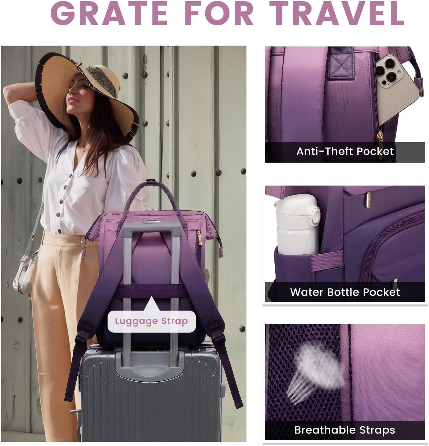 LOVEVOOK Gradient Laptop Backpack for Women,15.6 Inch Work Computer Bakcpack Purse Laptop Bag With Anti-Theft Pocket,Waterproof Carry on Teacher College Backpack for Travel,Purple-Pink - Image 6