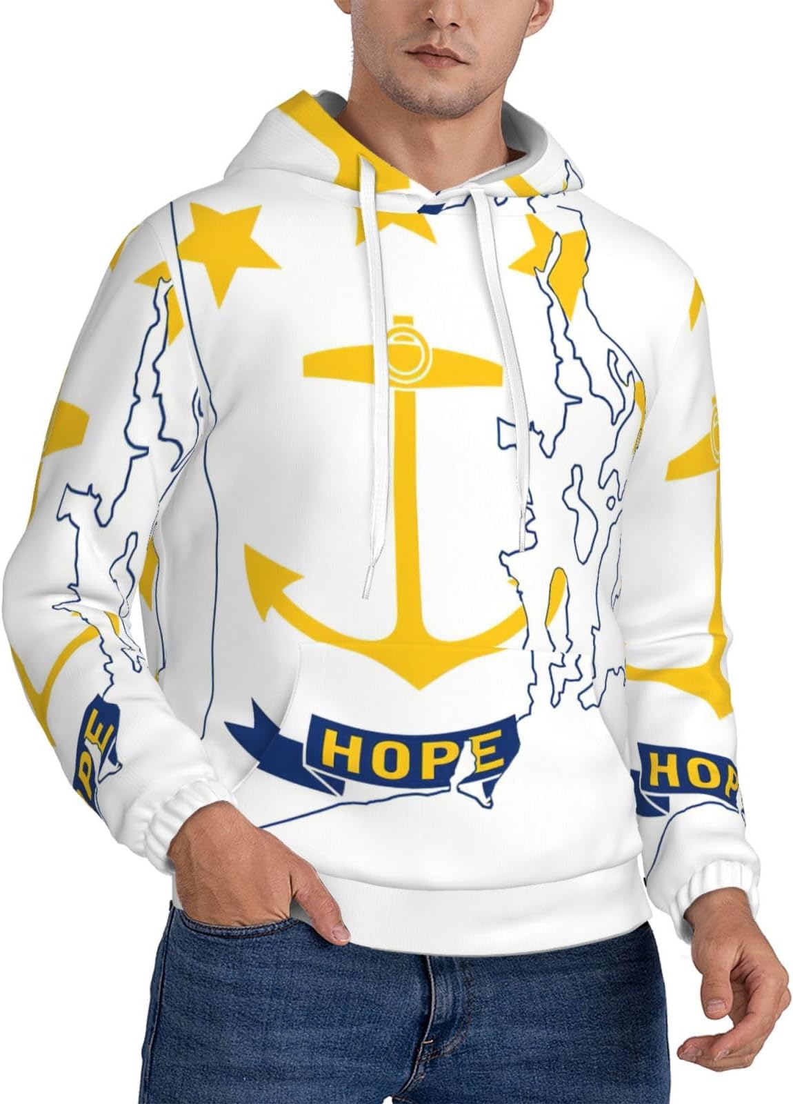 Rhode Island State Flag Map Print Men'S Fleece Hoodie, Fleece Lined Hooded Sweatshirt For Men, 8