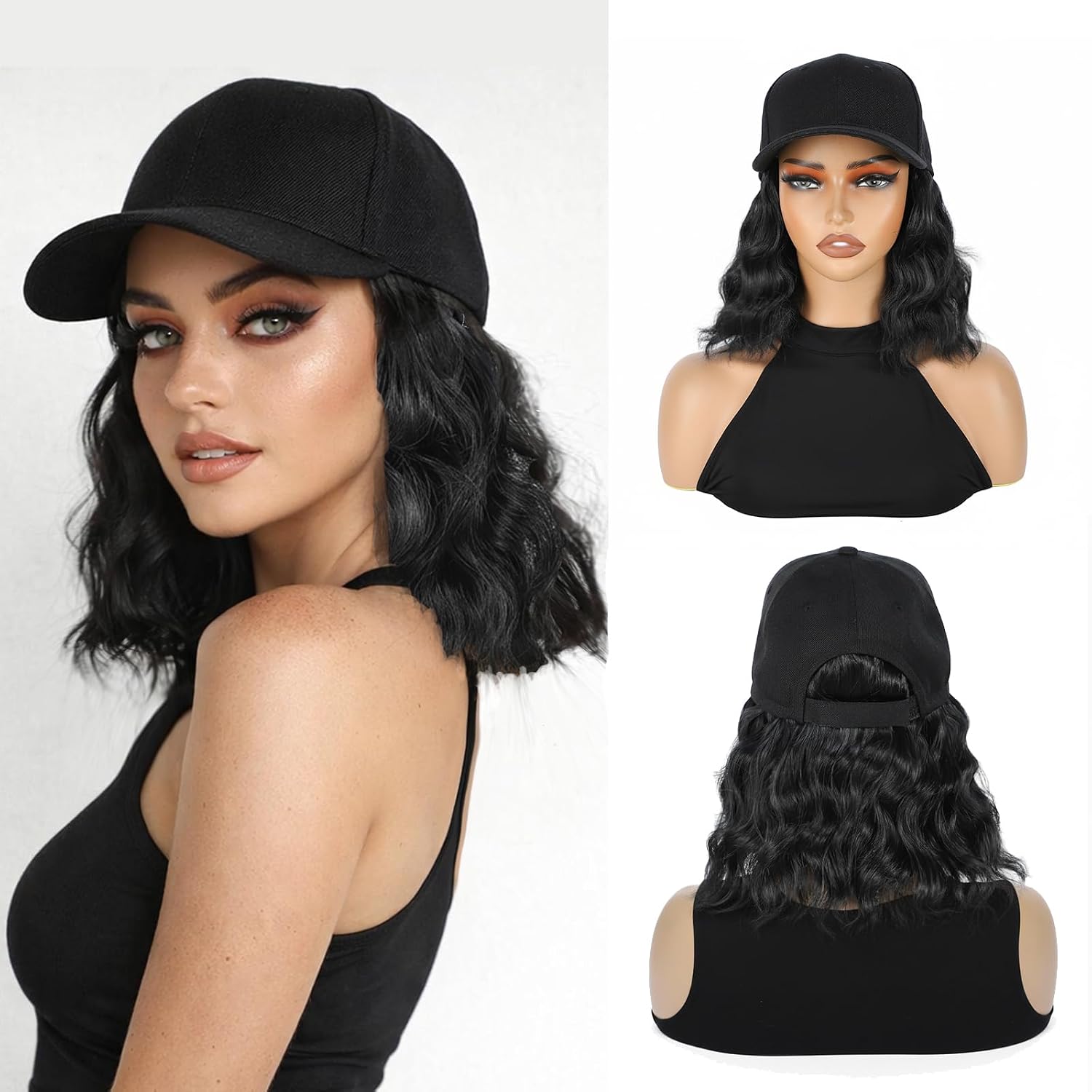 Hat Wig Baseball Cap with 12" Short Synthetic Balck Curly Wavy Hair Extension Attached for Women Adjustable Shoulder Length Wave Wigs for Daily Party Outdoor Use