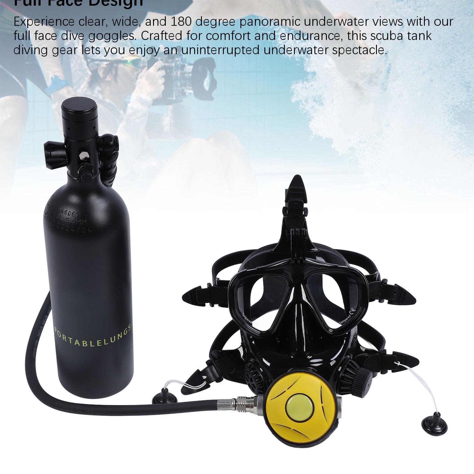 Yunseity Equipo de Buceo con Tanque de Buceo, 1 L, Ajuste Cómodo, Gafas de Cara Completa, de Buceo, PC de Aluminio, Soporte de Cámara de Acero Inoxidable para Entrenamiento Subacuático