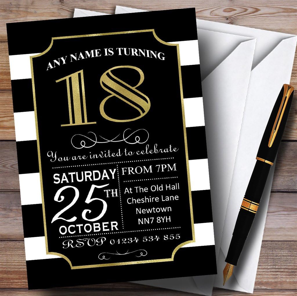Black & White Stripy Gold 18th Personalized Birthday Party Invitations