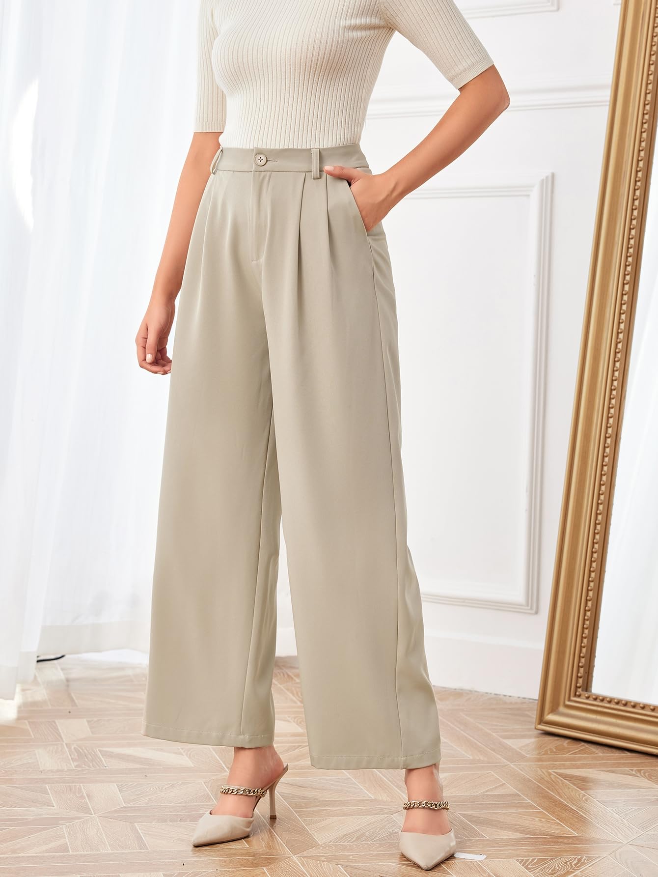 SweatyRocks Women's Casual Wide Leg High Waisted Button Down Straight Long Trousers Pants