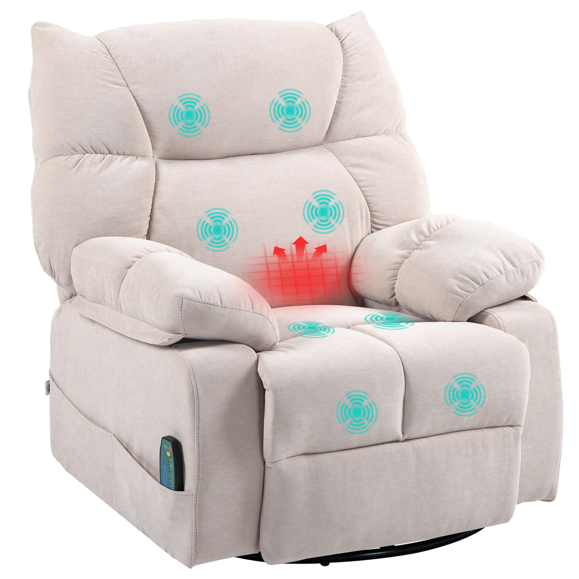 HOMCOM Relaxsessel mit Massagefunktion und 8 Vibrationspunkten, Beige | Fernsehsessel, Heizfunktion, Wippfunktion, Drehbarer Liegesessel, Fernbedienung, Seitentasche, Kunstleder