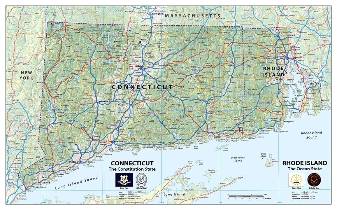 Physical State Map of Rhode Island and Connecticut - 23.3 x 16.5 Inches - Paper Laminated