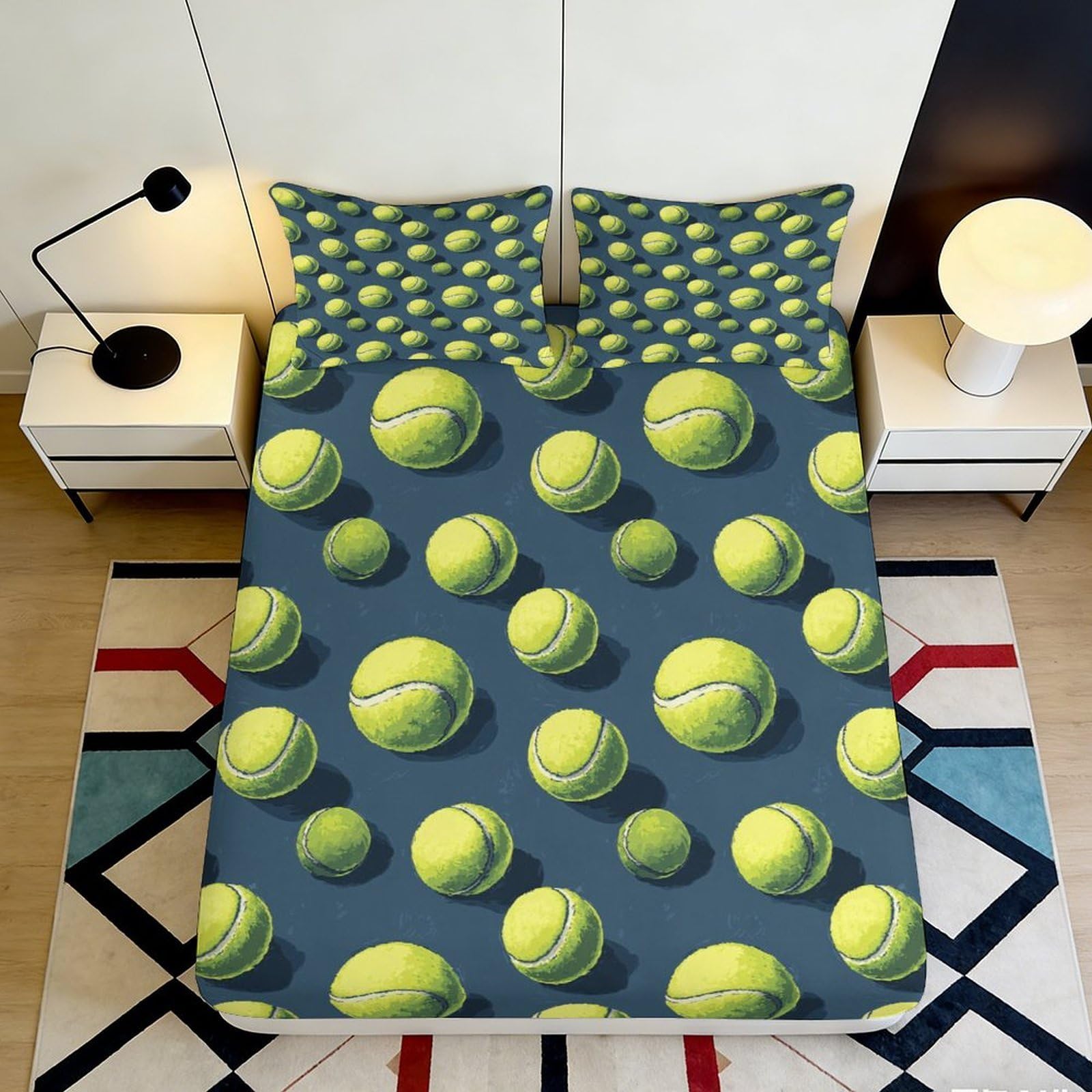 3D Printed Tennis Pattern Fitted Sheet Microfiber Deep Pocket Bedroom Bedding Tennis Mattress Fitted Cover Non-Slip 200x200x25cm