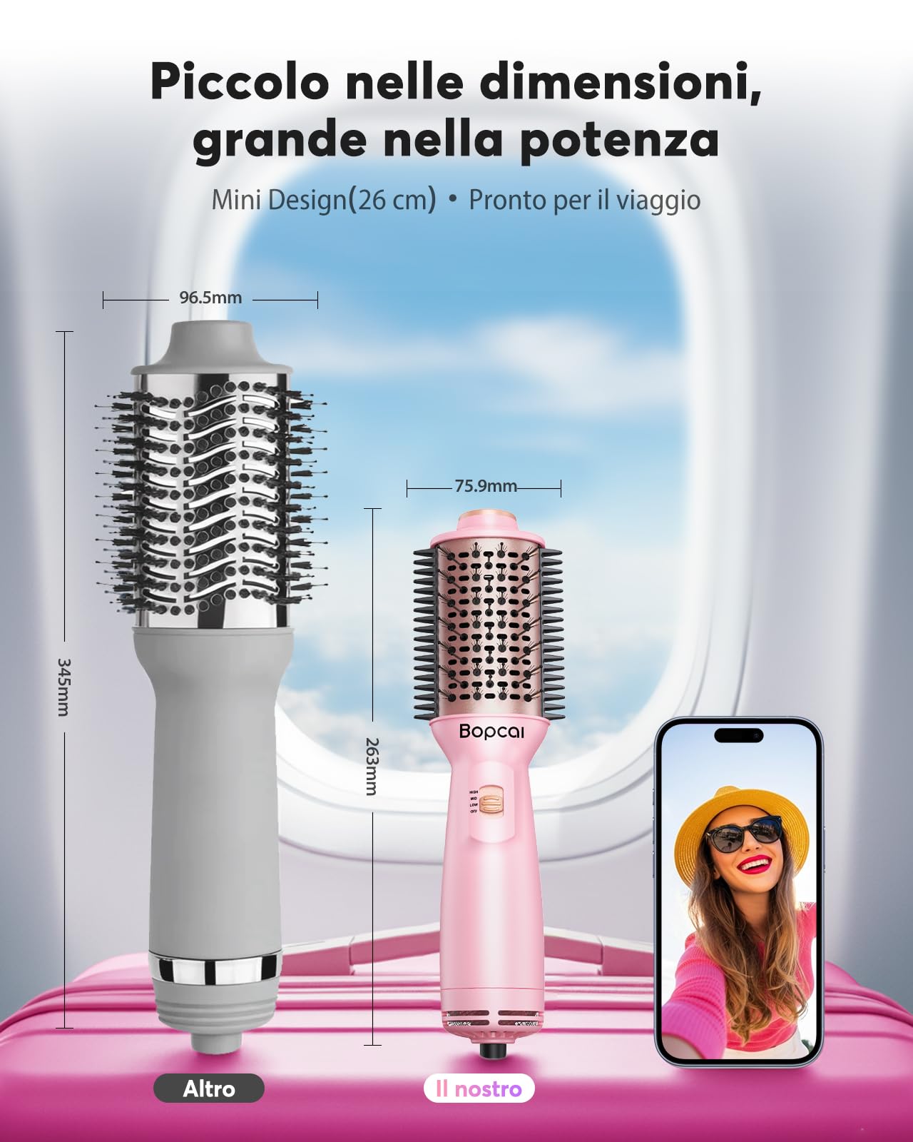 Bopcal Mini Spazzola Asciugacapelli da Viaggio 4 in 1 - Ionico Spazzola ad aria Calda Doppia Tensione Auto, con Spina US e UK, per Asciugatura, Lisciatura, Arricciatura e Volume ZCY892-B