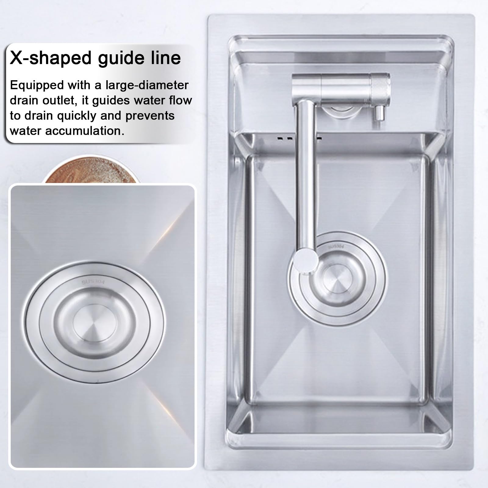 Fregadero Camper, Fregadero de Cocina, Acero Inoxidable 304, Tapa Oculta, Grifo Plegable, 25×43x22 cm, para Autocaravanas y Remolques(Silver)