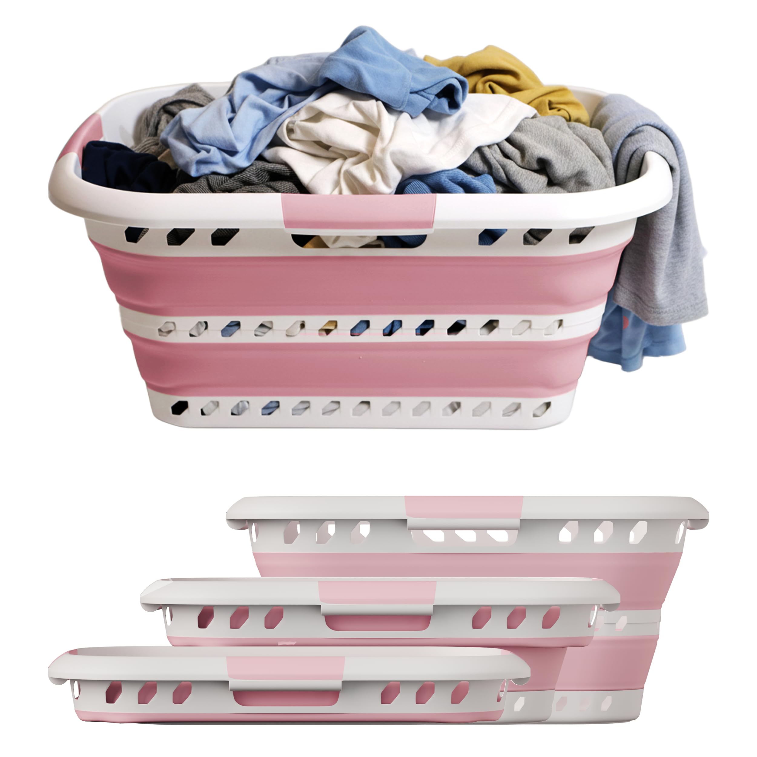 Knight Collapsible Laundry Basket 42L–Foldable Washing Basket with Handles, Large Space-Saving Basket for Clothes – Multipurpose Laundry Hamper & Collapsible Washing Baskets for Laundry (Pink)