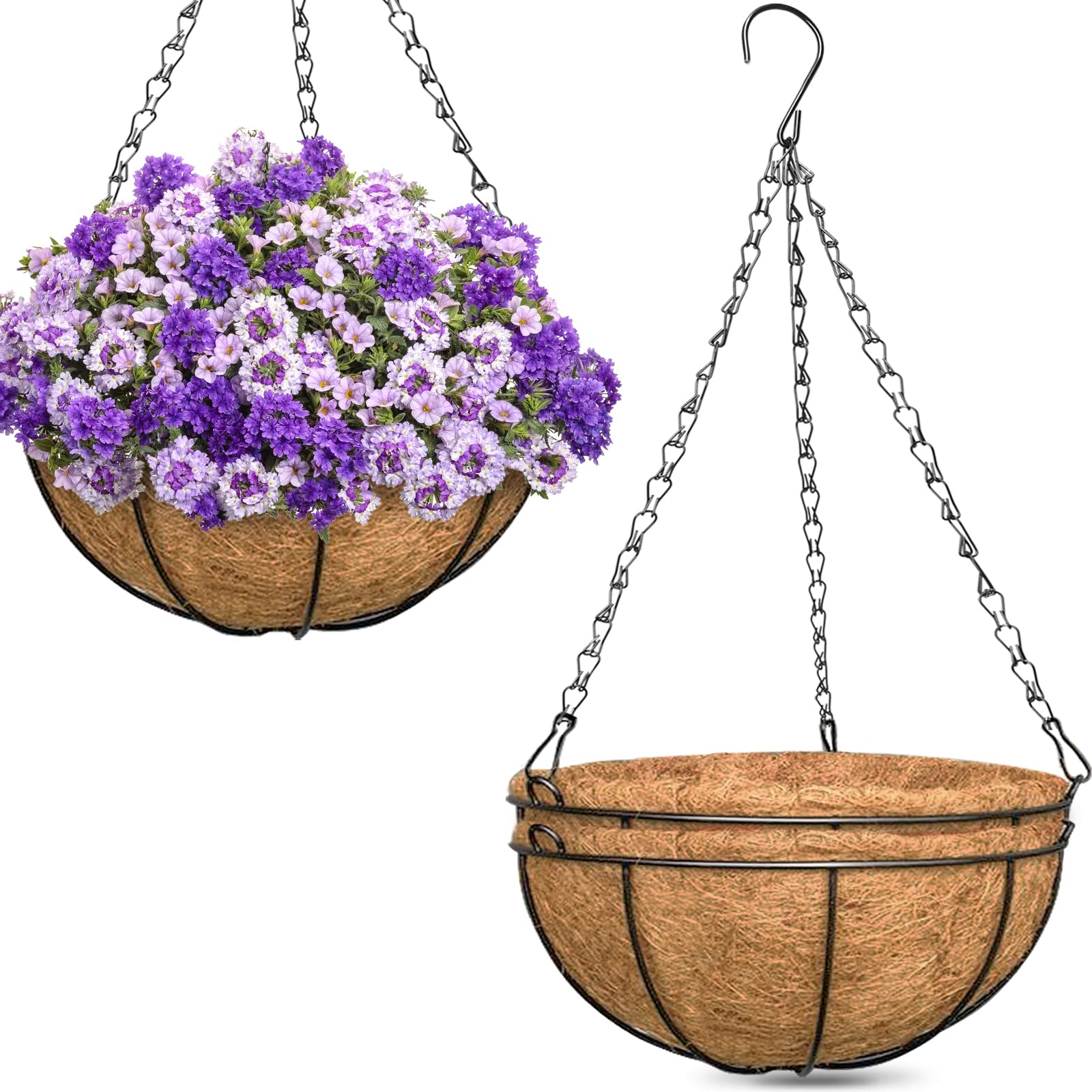 ZeeDix 3 Pack 16 Inch Large Hanging Baskets for Plants Outdoor with Coconut Liners Replacement, Hanging planters Baskets with Natural Coco Liner for Outdoor Indoor Planters Flowers Vegetables